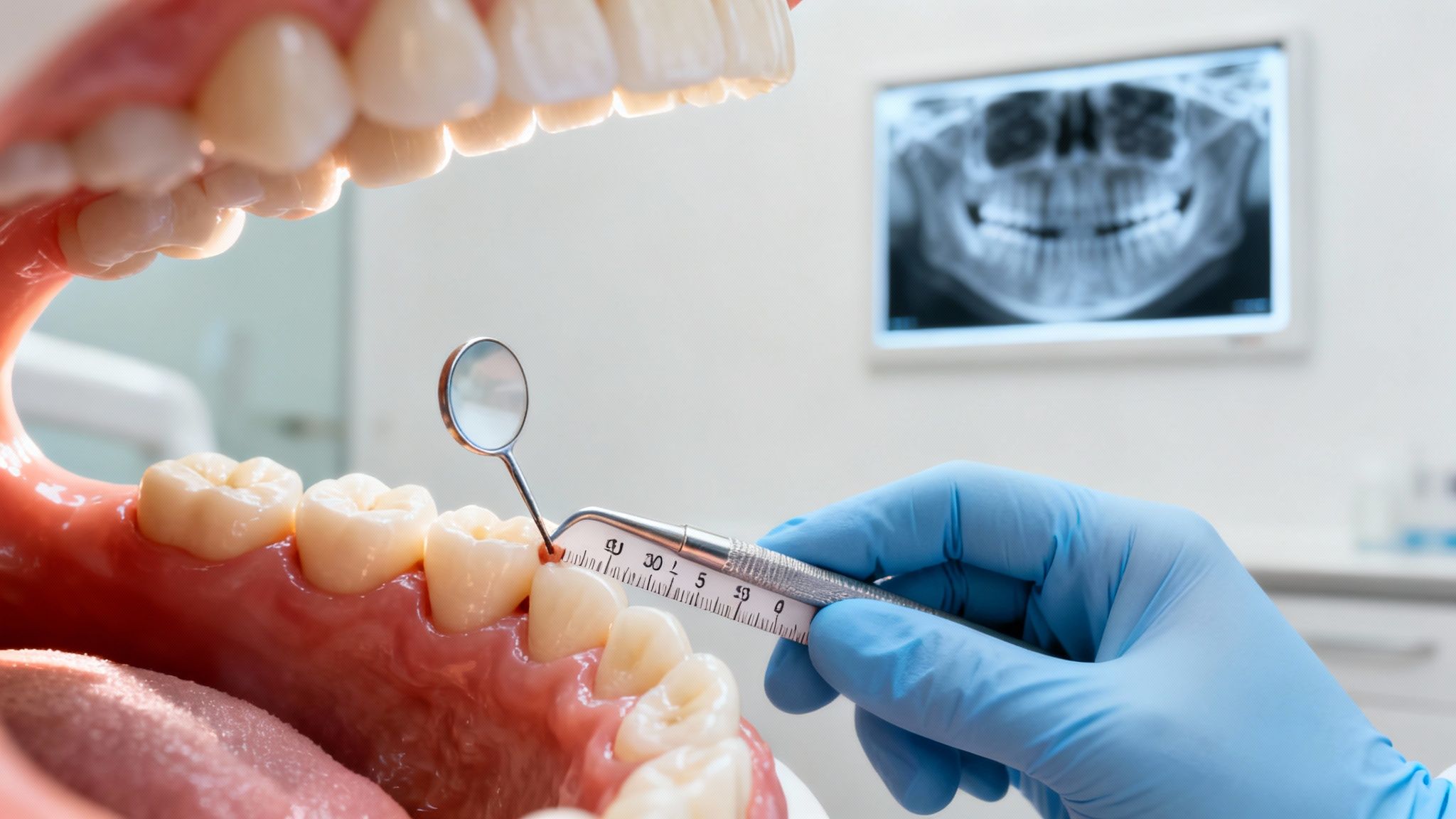 A dental professional examines a tooth with a probe and mirror, an X-ray visible in the background.
