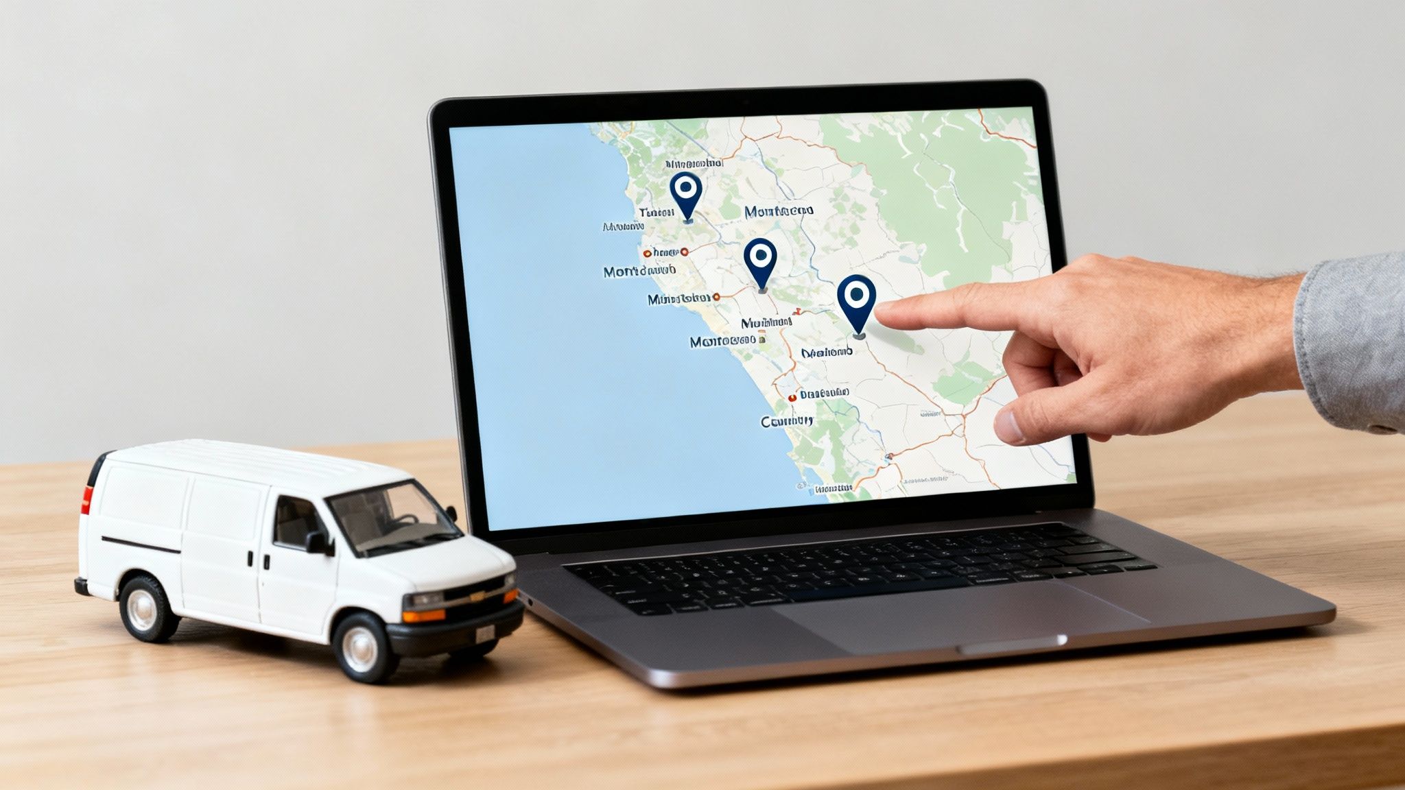 A hand points at a map with location pins on a laptop next to a white toy delivery van.
