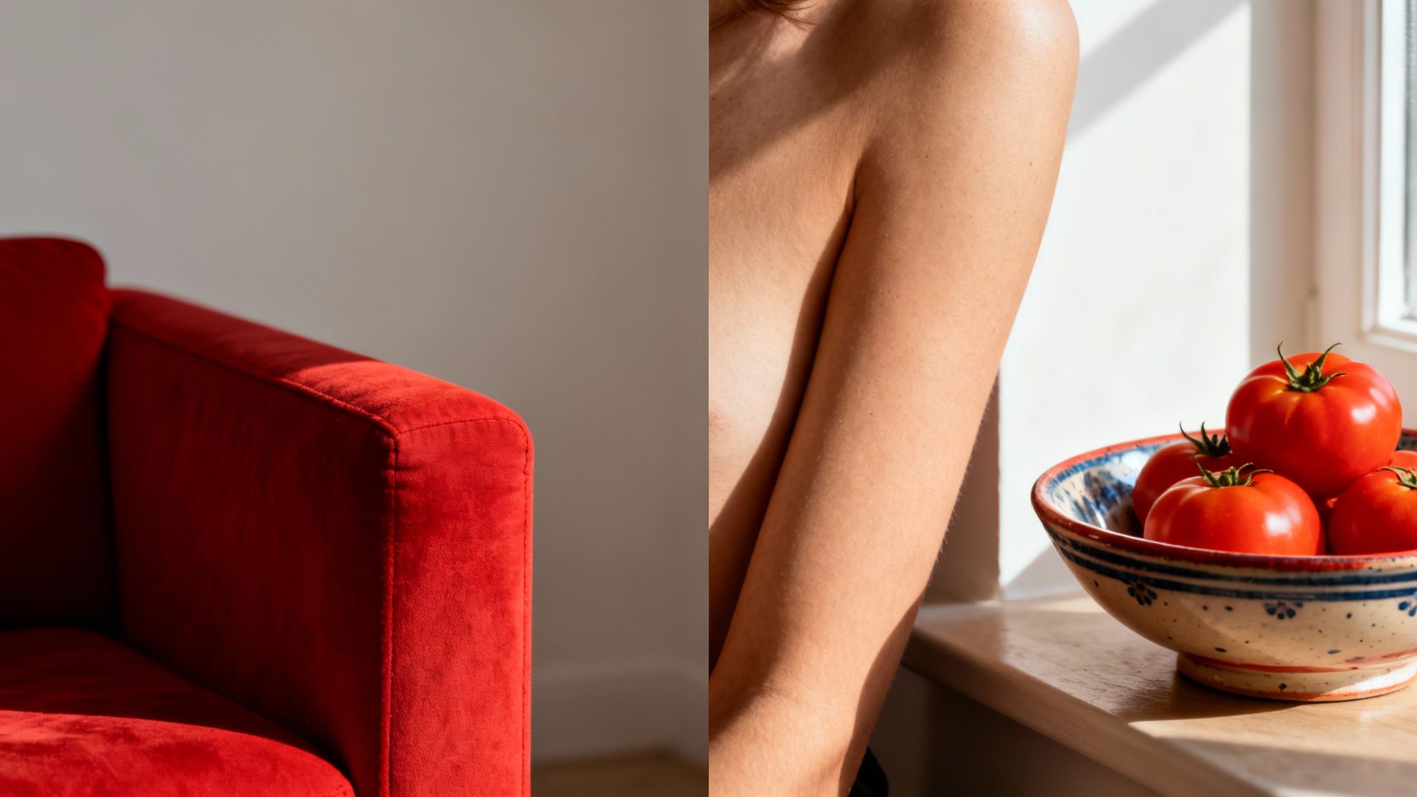 This diptych shows a vibrant red sofa and a sunlit arm with a bowl of ripe red tomatoes.