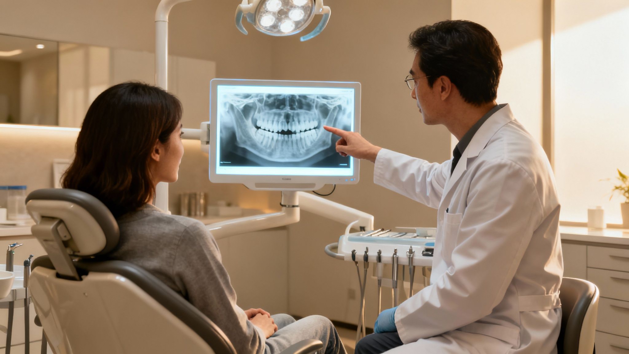 Dentist pointing at a jaw X-ray on a screen, explaining to a female patient.