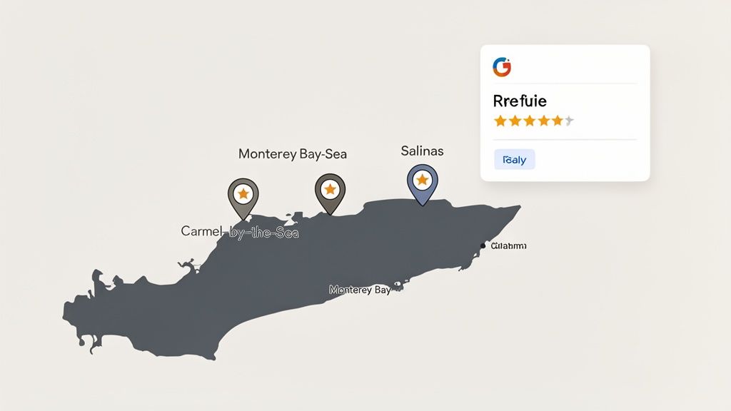 Map of Monterey Bay region showing Carmel-by-the-Sea, Monterey, and Salinas, with a 4.5-star review card.