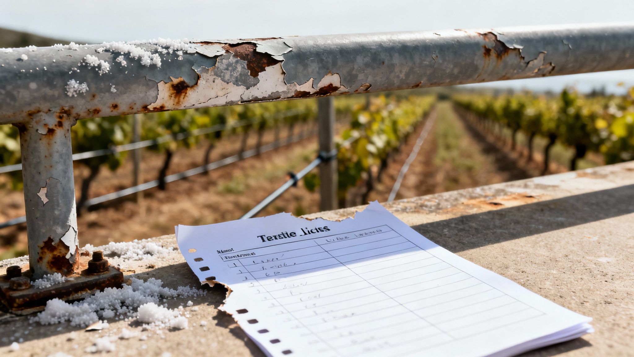 Handwritten list on torn paper by a rusty railing with white crystals, overlooking a vineyard.