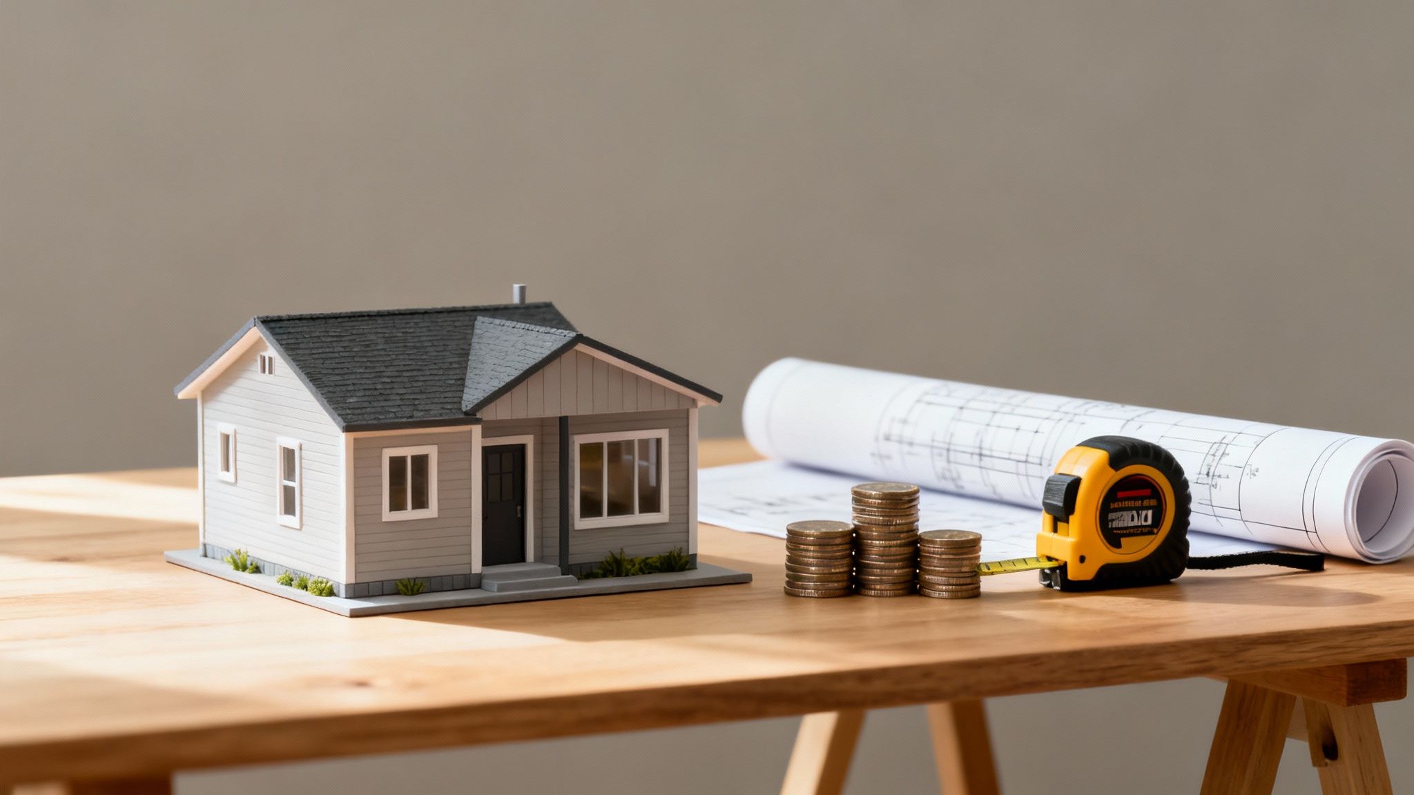 A miniature house, stacks of coins, a tape measure, and blueprints on a wooden table, symbolizing home construction finances.
