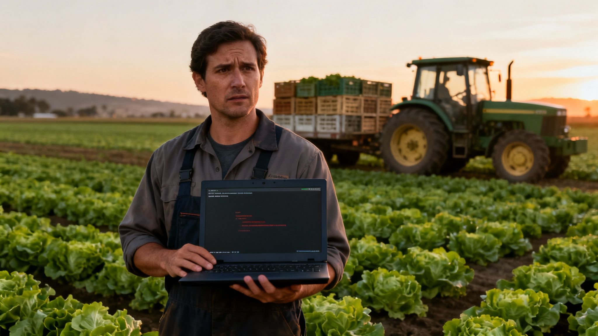A farmer in a lettuce field holds a laptop displaying code, with a tractor and sunset in the background.