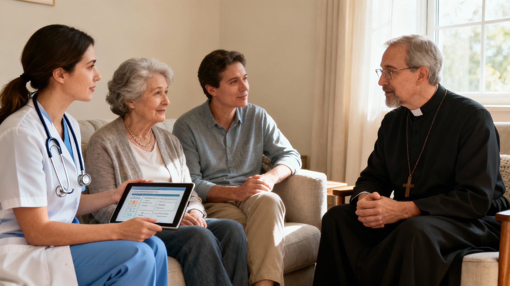 A doctor shows a tablet to an elderly woman, a man, and a priest during a home visit.
