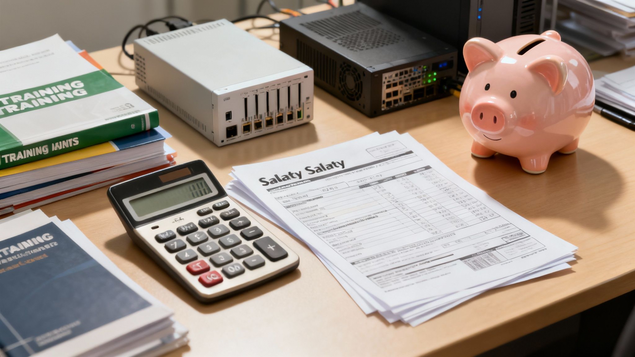 A calculator and a pen sit on a desk next to a keyboard, symbolizing the calculation of IT costs.