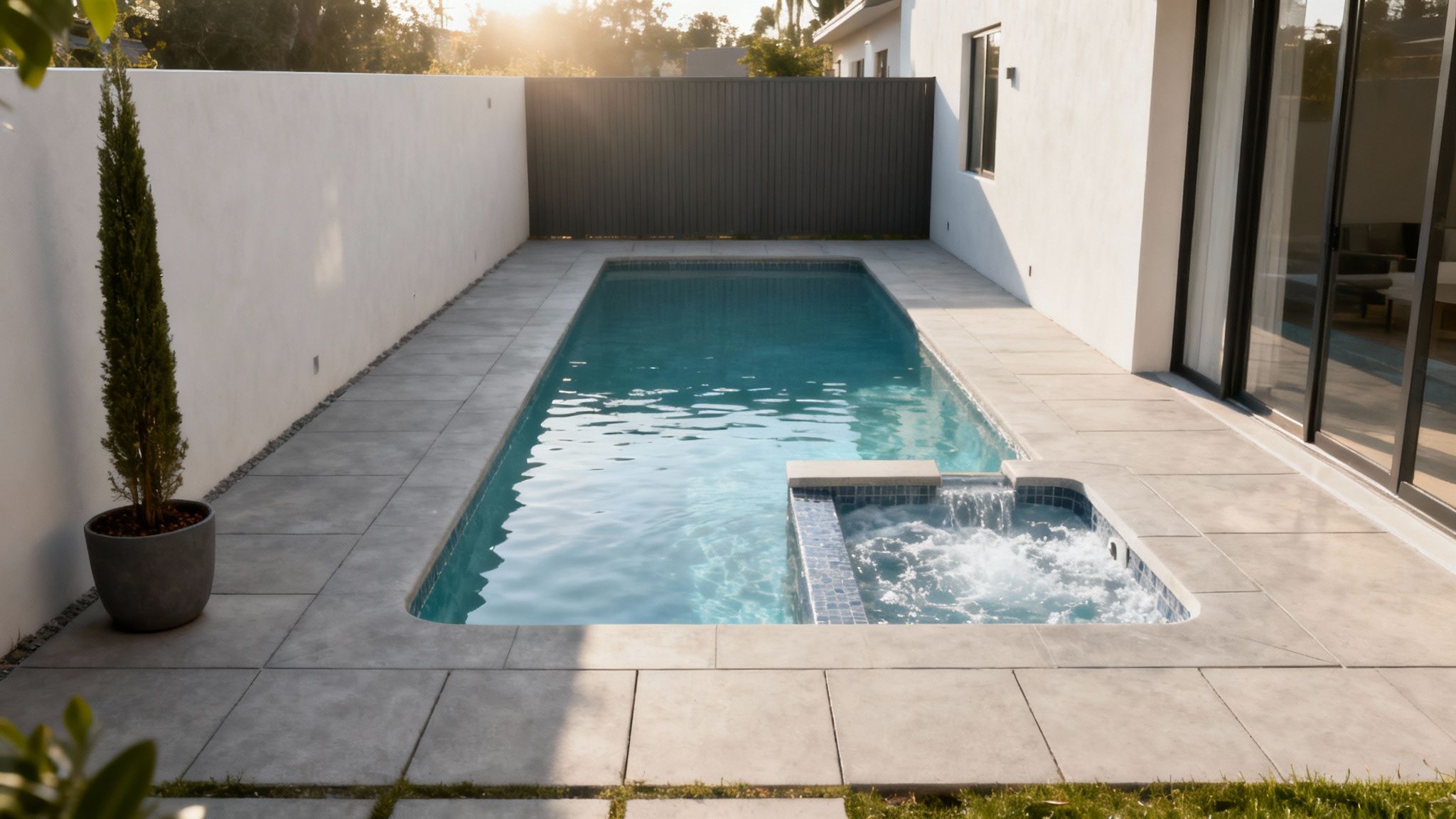 A sleek, narrow backyard pool and hot tub with modern patio paving and fencing.