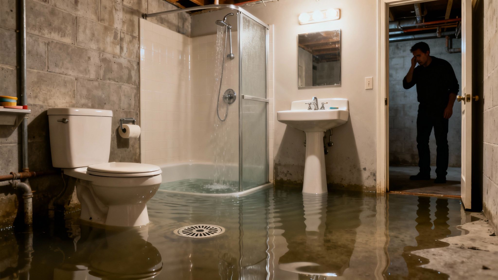 A distressed man stands in the doorway of a flooded basement bathroom with water covering the floor.