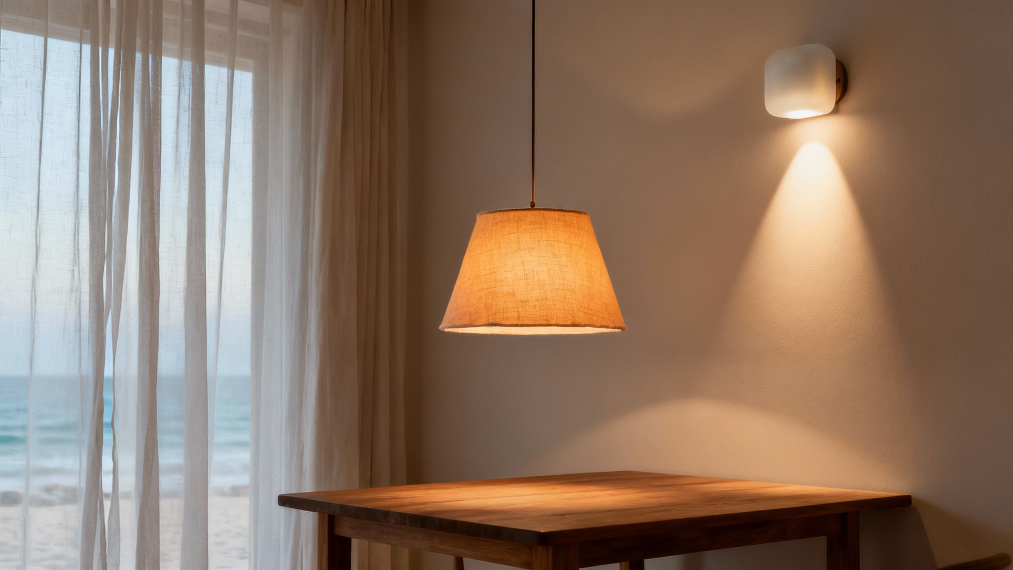 Indoor dining space with warm lighting from a pendant lamp and sconce, beside sheer curtains overlooking the ocean.