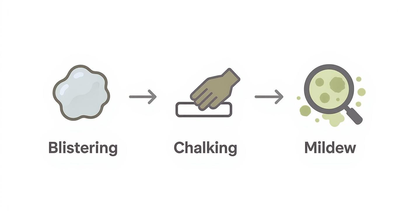 Diagram illustrating three common exterior paint problems: blistering, chalking, and mildew, shown sequentially.