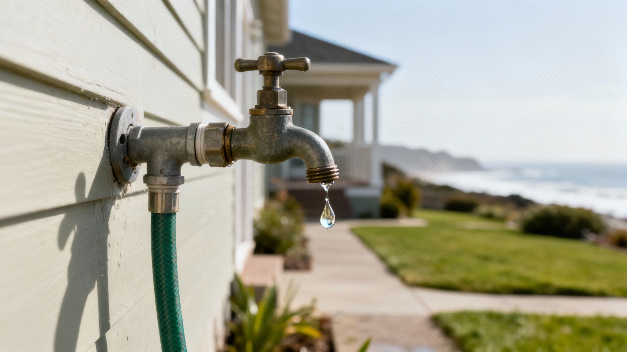 An outdoor water spigot attached to a house is dripping water, with a green hose connected.