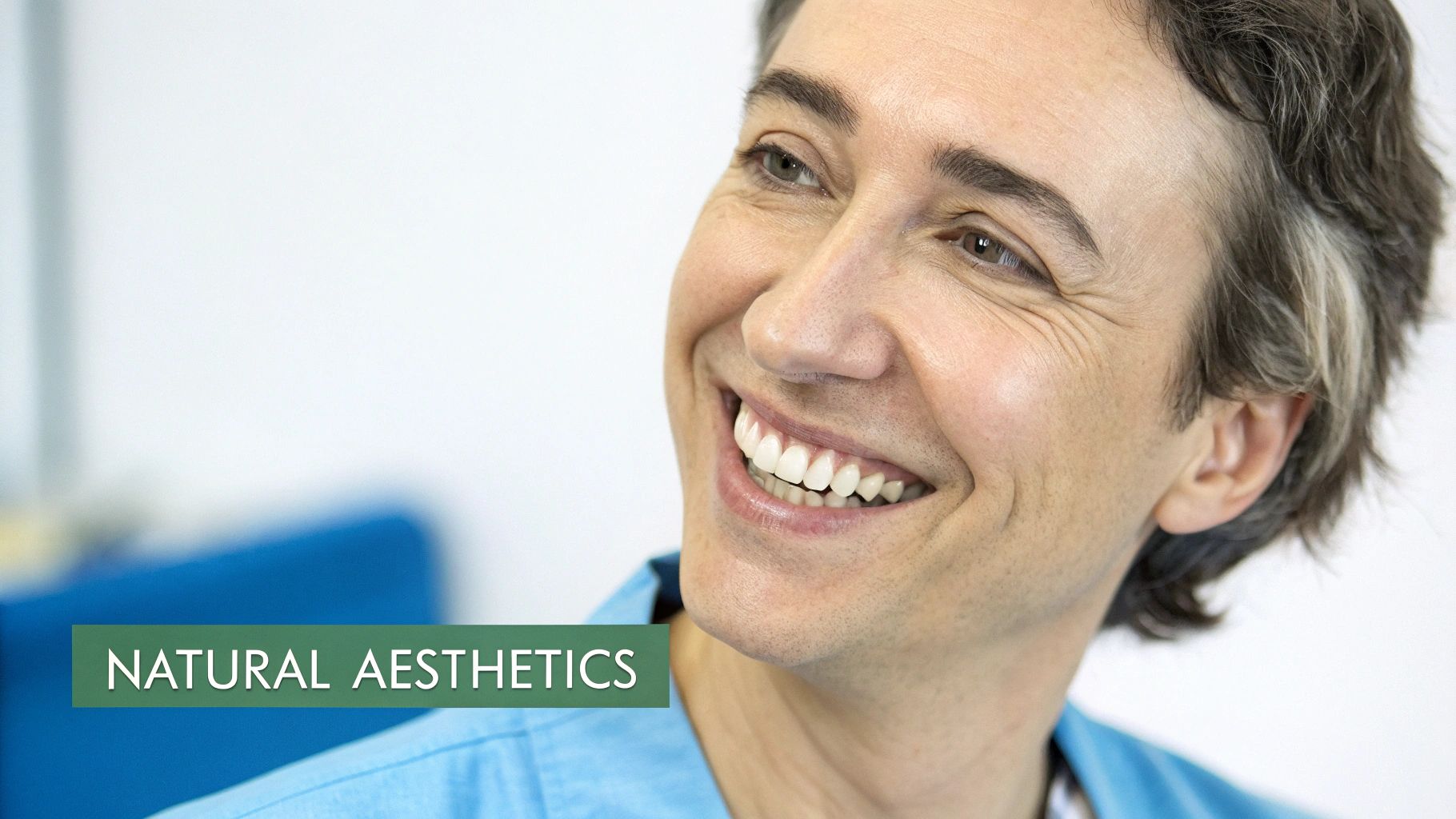 A happy person with a bright, natural smile and genuine expression, embodying natural aesthetics.