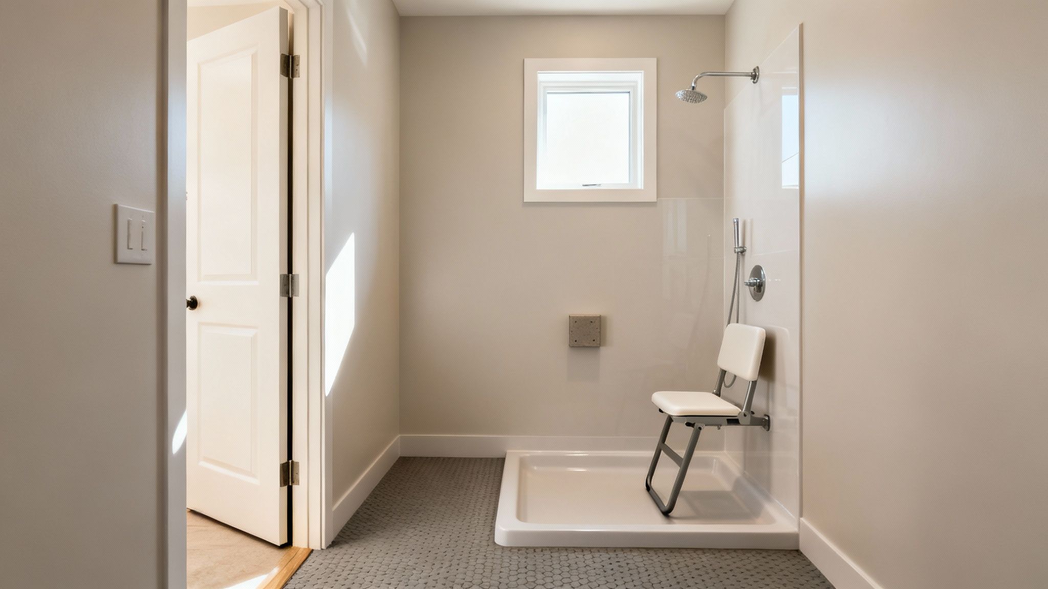 A bright, accessible bathroom features a walk-in shower with a seat, a window, and hexagon tiled floor.