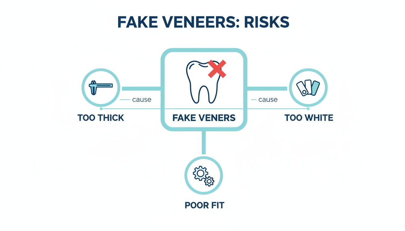 Infographic showing risks of fake veneers: too thick, too white, and poor fit.