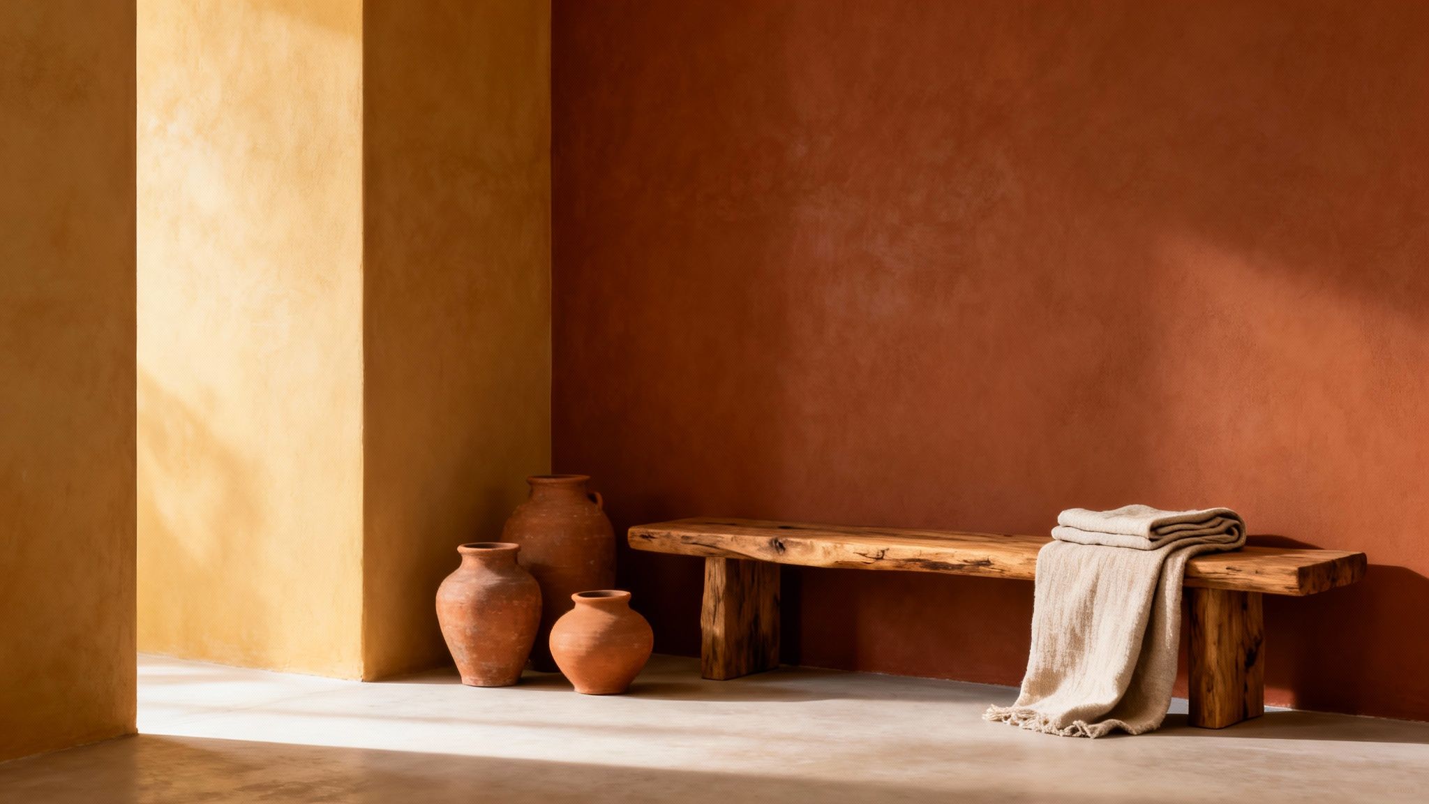 A minimalist room with warm yellow and terracotta walls, a wooden bench, and clay pots.