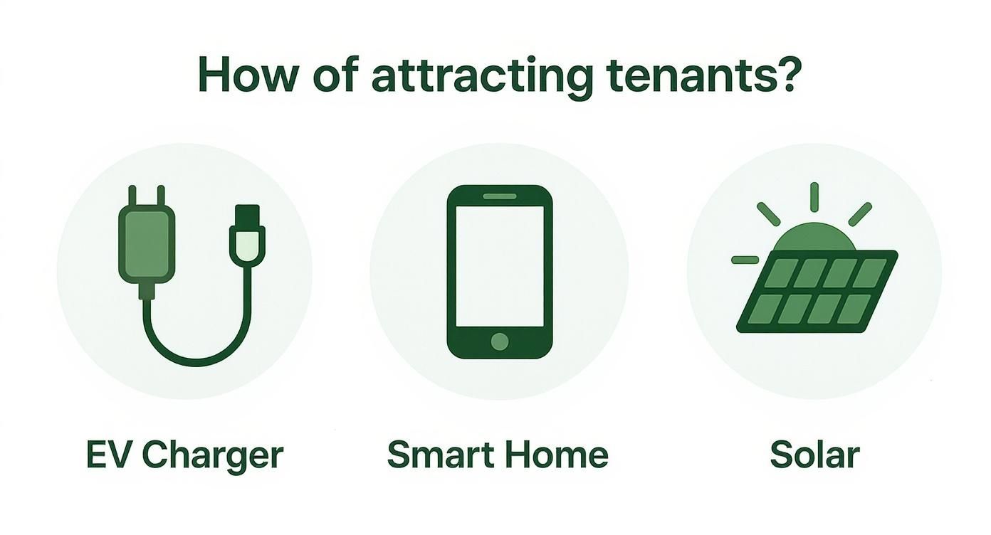 Infographic showing icons for an EV charger, a smart home controlled by a phone, and solar panels, representing top amenities for attracting modern tenants.