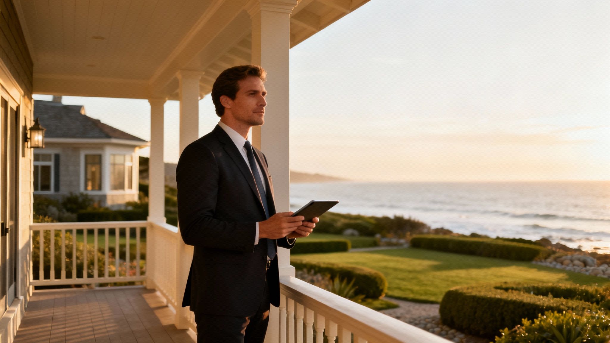 A man in a suit holds a tablet, overlooking an oceanfront property from a porch at sunset.