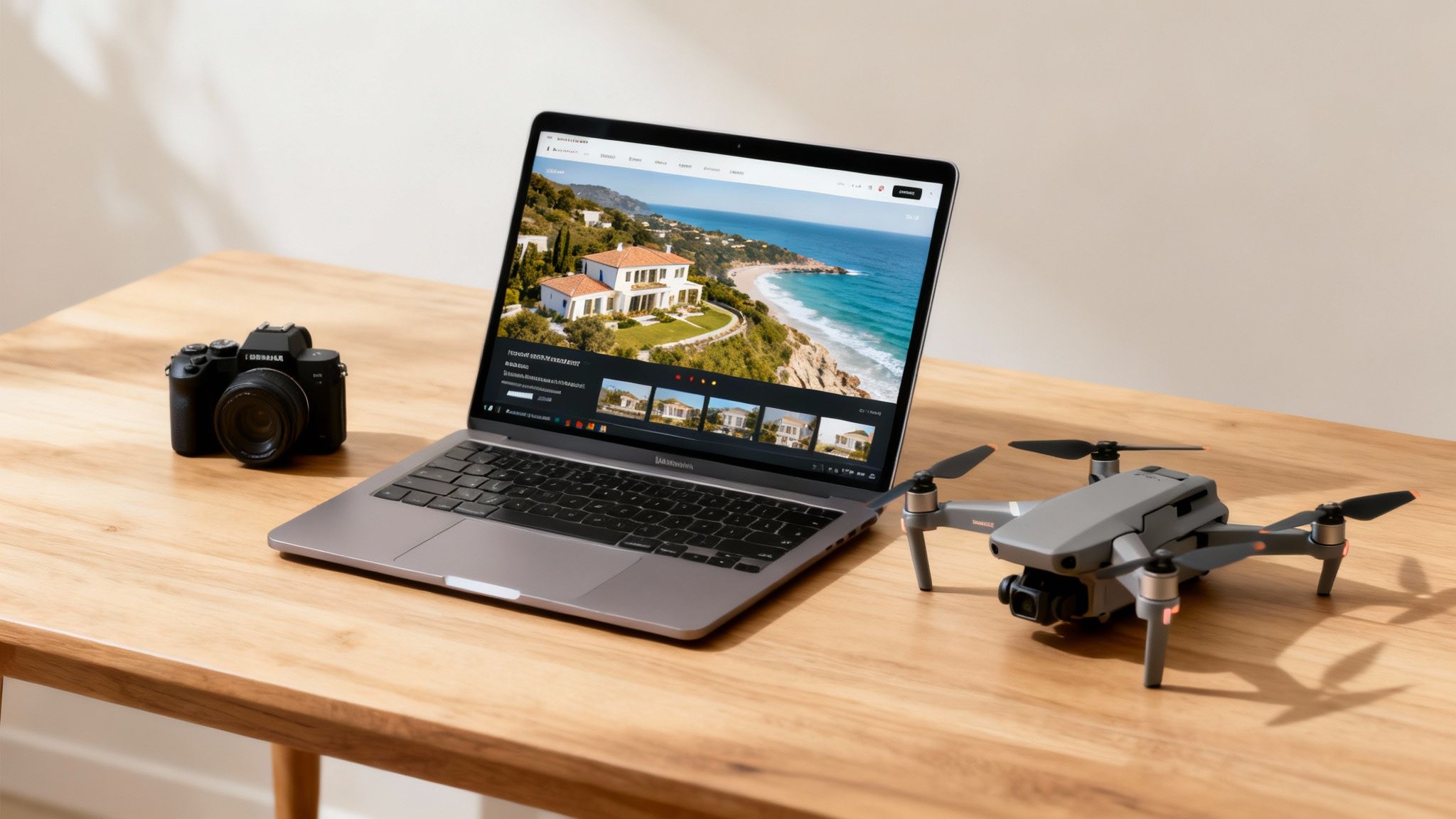 A laptop shows a luxury beachfront property, with a professional camera and a drone on a wooden table.