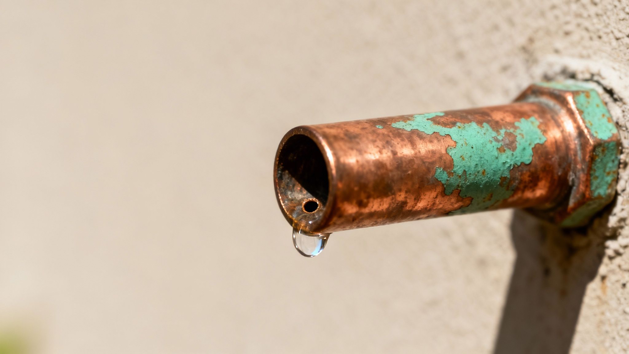 Does My Older Monterey Home Really Need a Full Re-pipe? 2 A close-up of an old, weathered copper pipe with green oxidation, dripping a single drop of water.