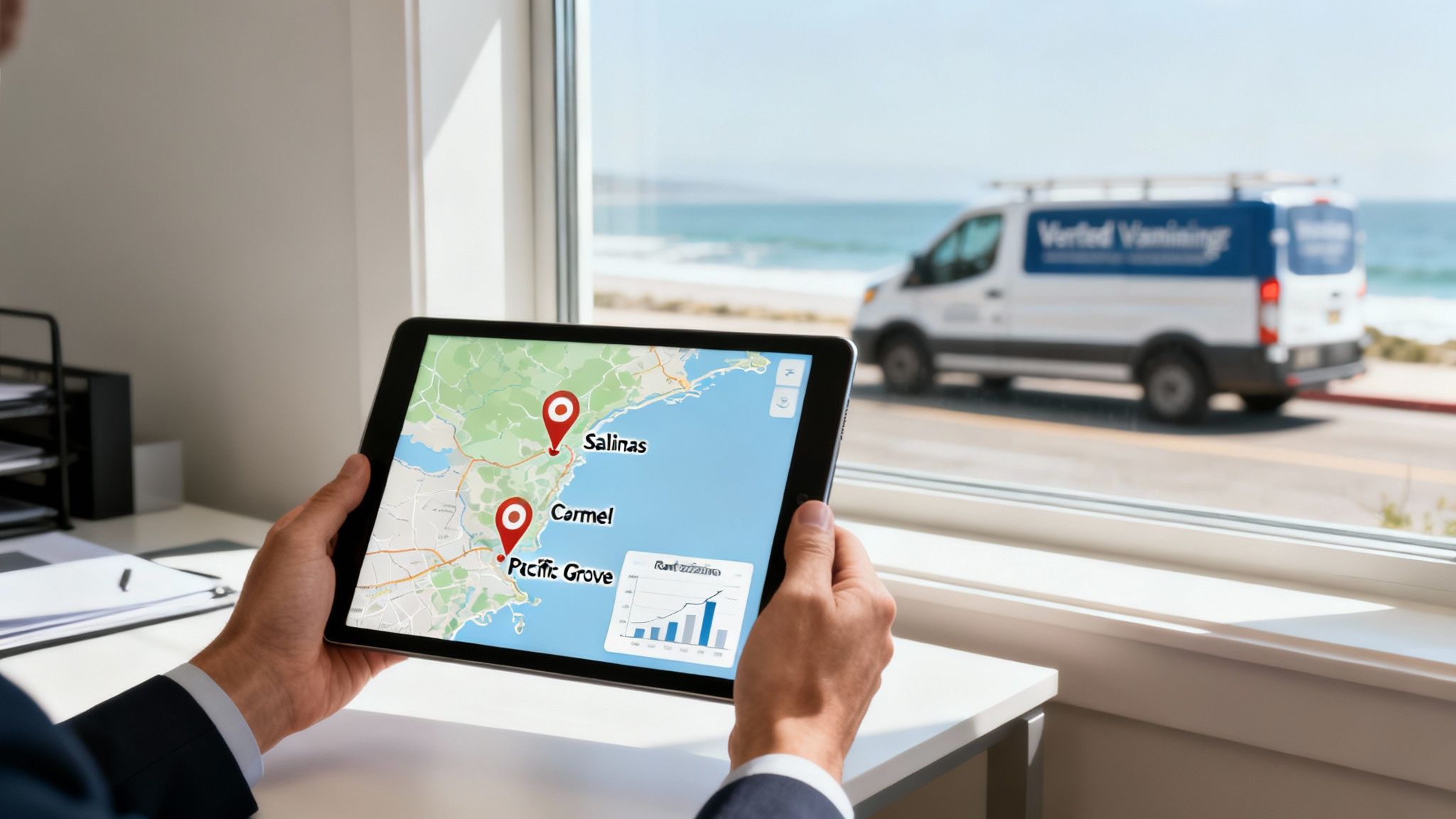 A person views a tablet showing a map with route points and a fleet management van by the sea.