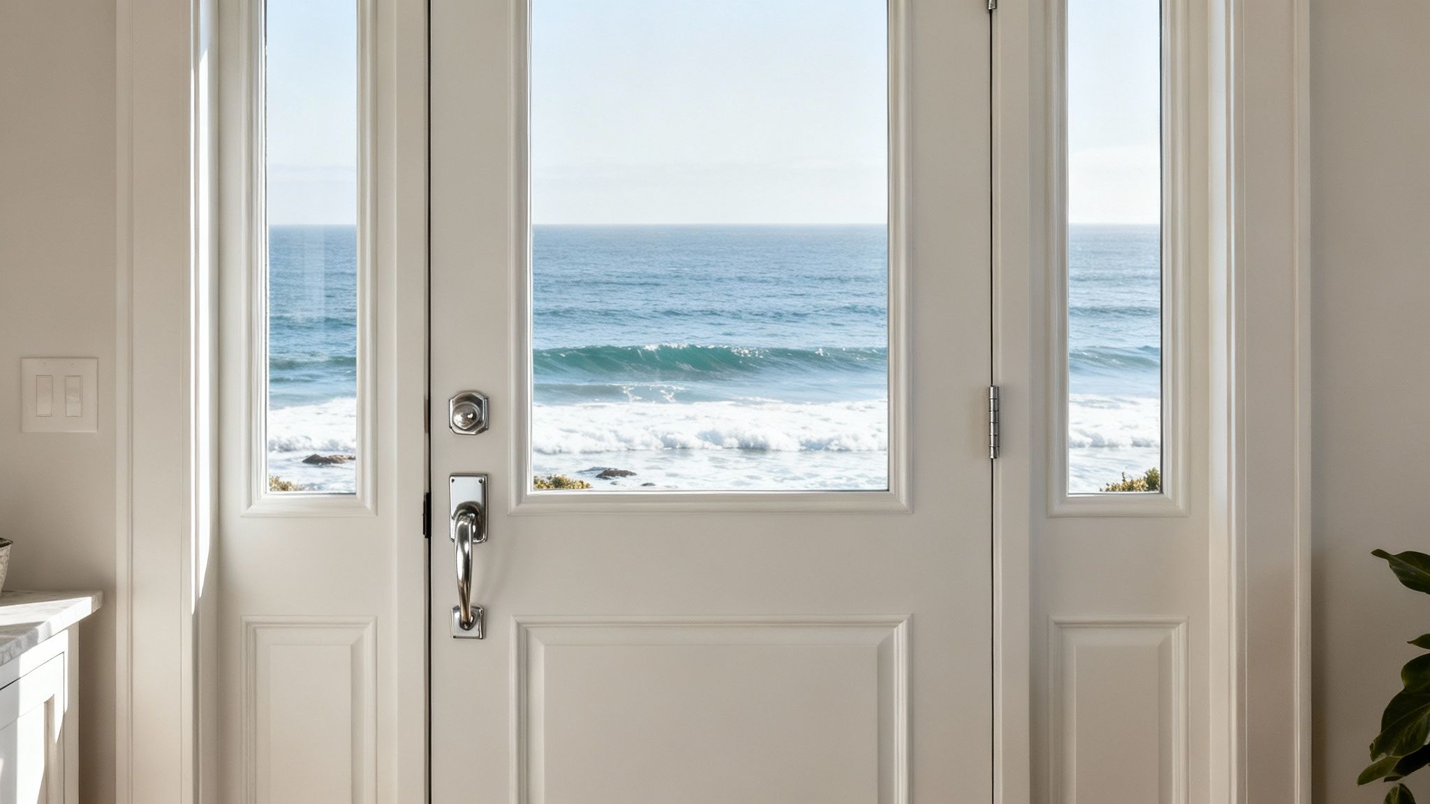 A welcoming entryway on a Pacific Grove home featuring a durable, stylish door.
