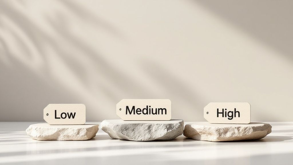 A person examining the edge of a natural stone slab in a well-lit showroom.
