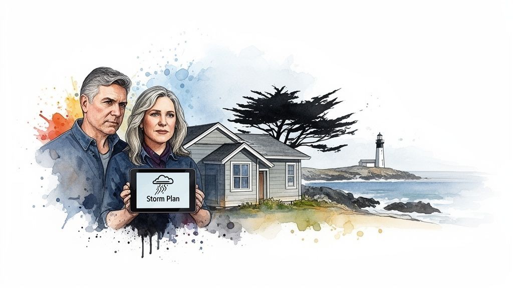 Watercolor illustration of a serious couple holding a tablet with a 'Storm Plan' display, with a house, tree, and coastal lighthouse.