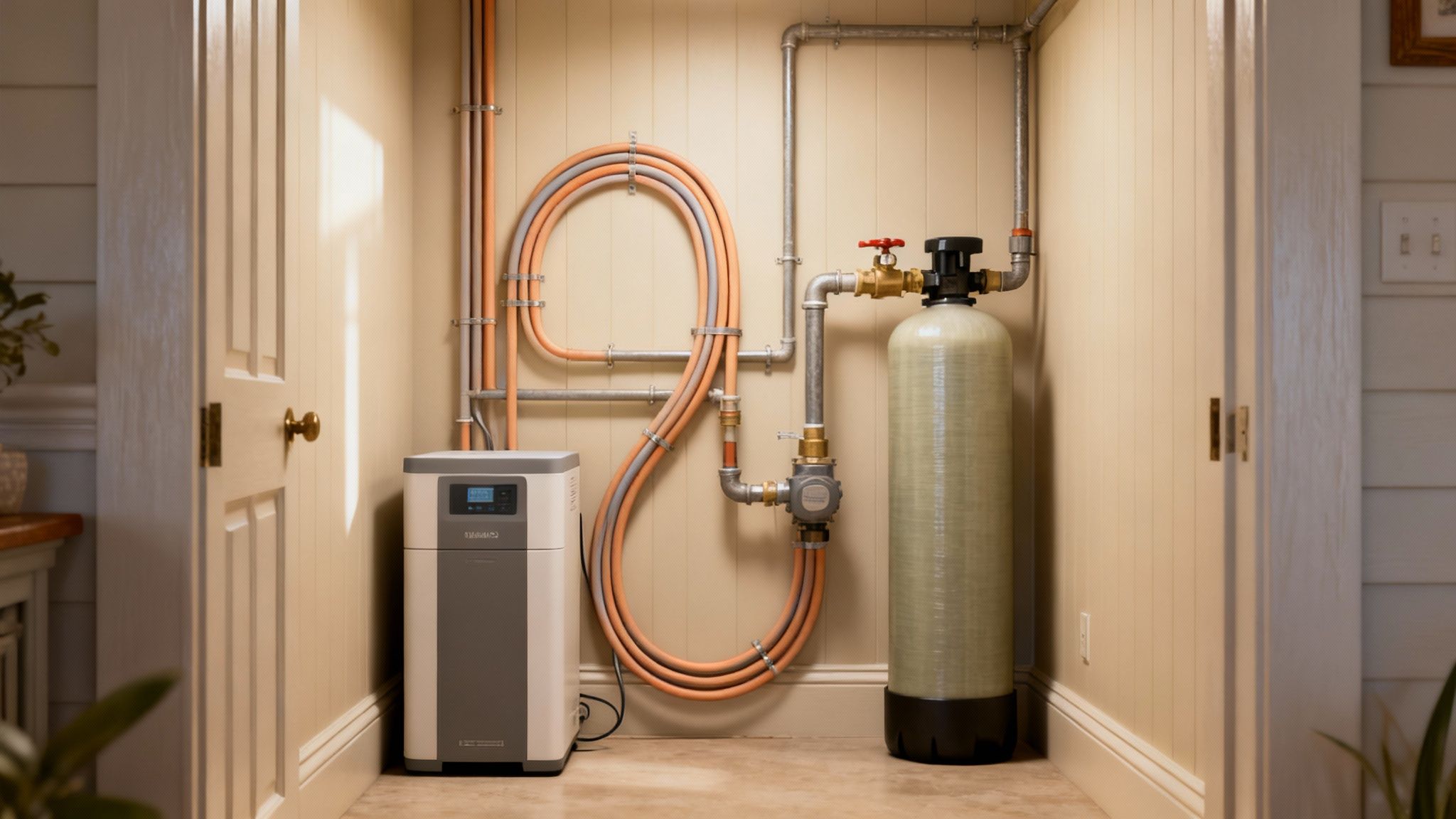 A utility room corner featuring a water heater, a large water filtration tank, and exposed plumbing pipes on a paneled wall.