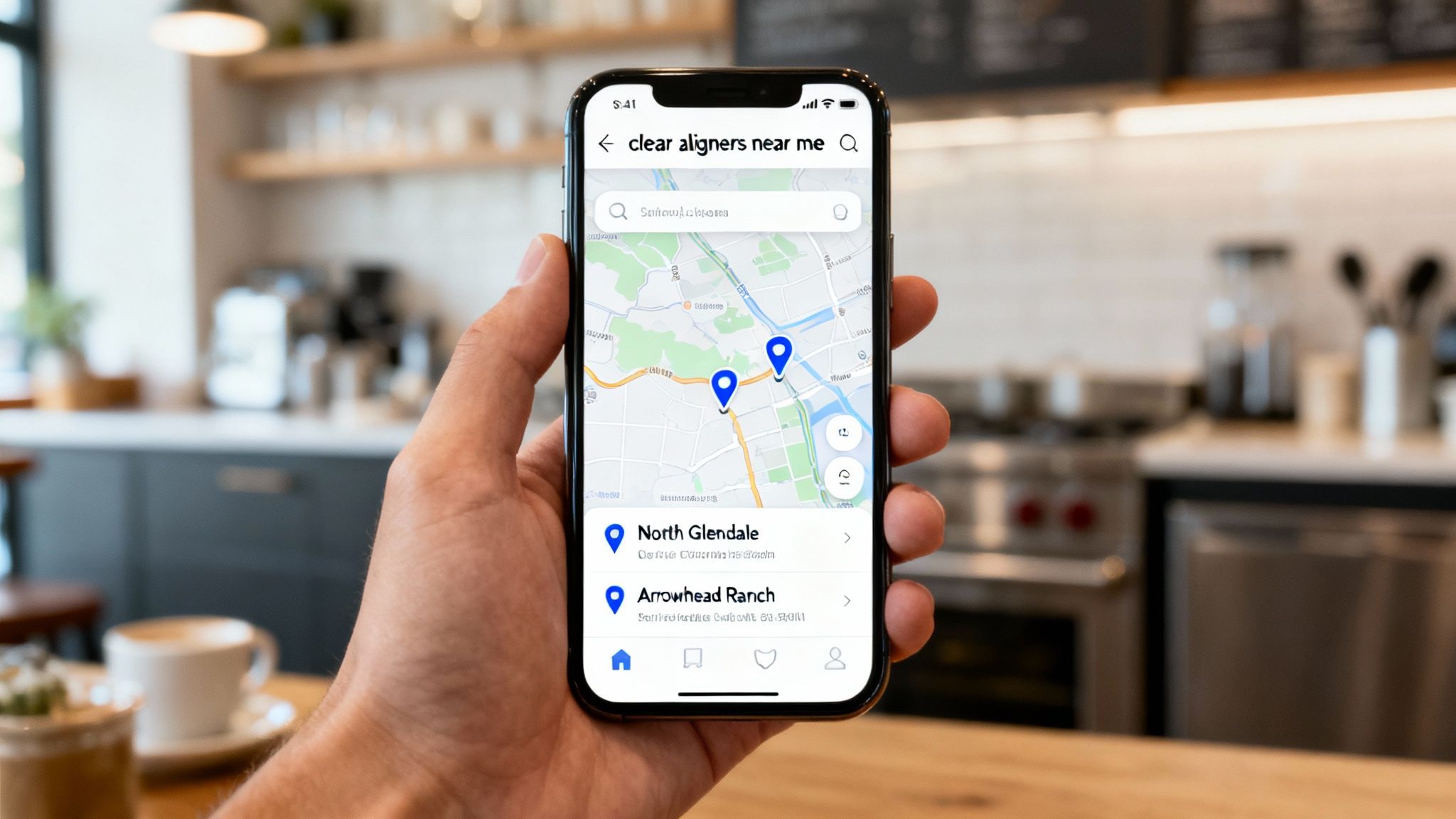 Hand holding a smartphone displaying a map app searching for 'clear aligners near me' in a cafe.