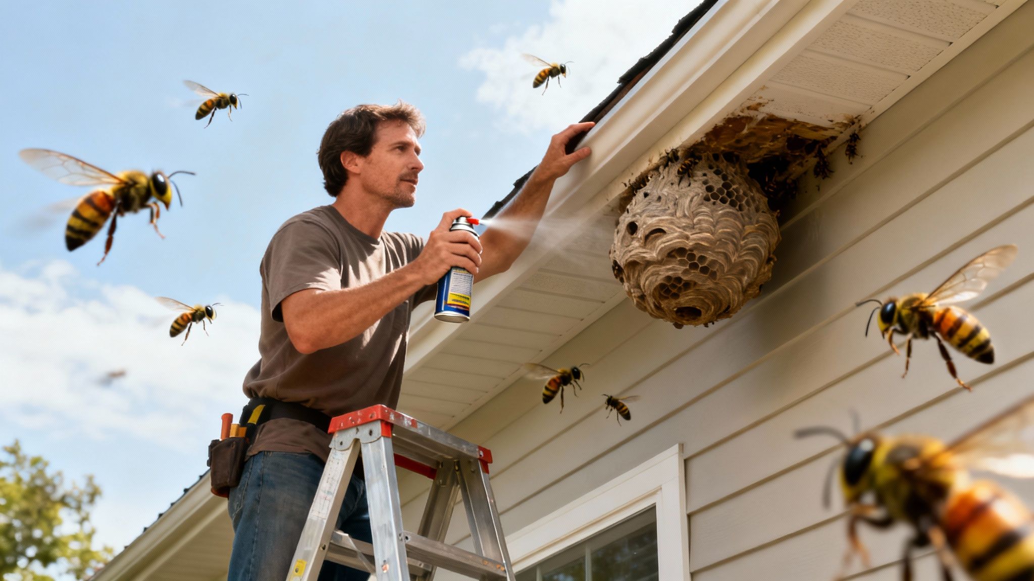 A man on a ladder sprays insecticide at a large wasp nest under house eaves, surrounded by flying wasps.