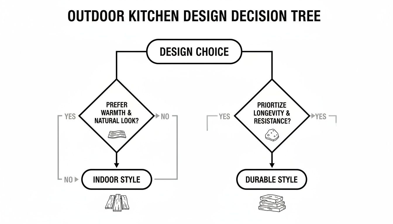 An outdoor kitchen design decision tree flowchart, guiding choices between indoor and durable styles.