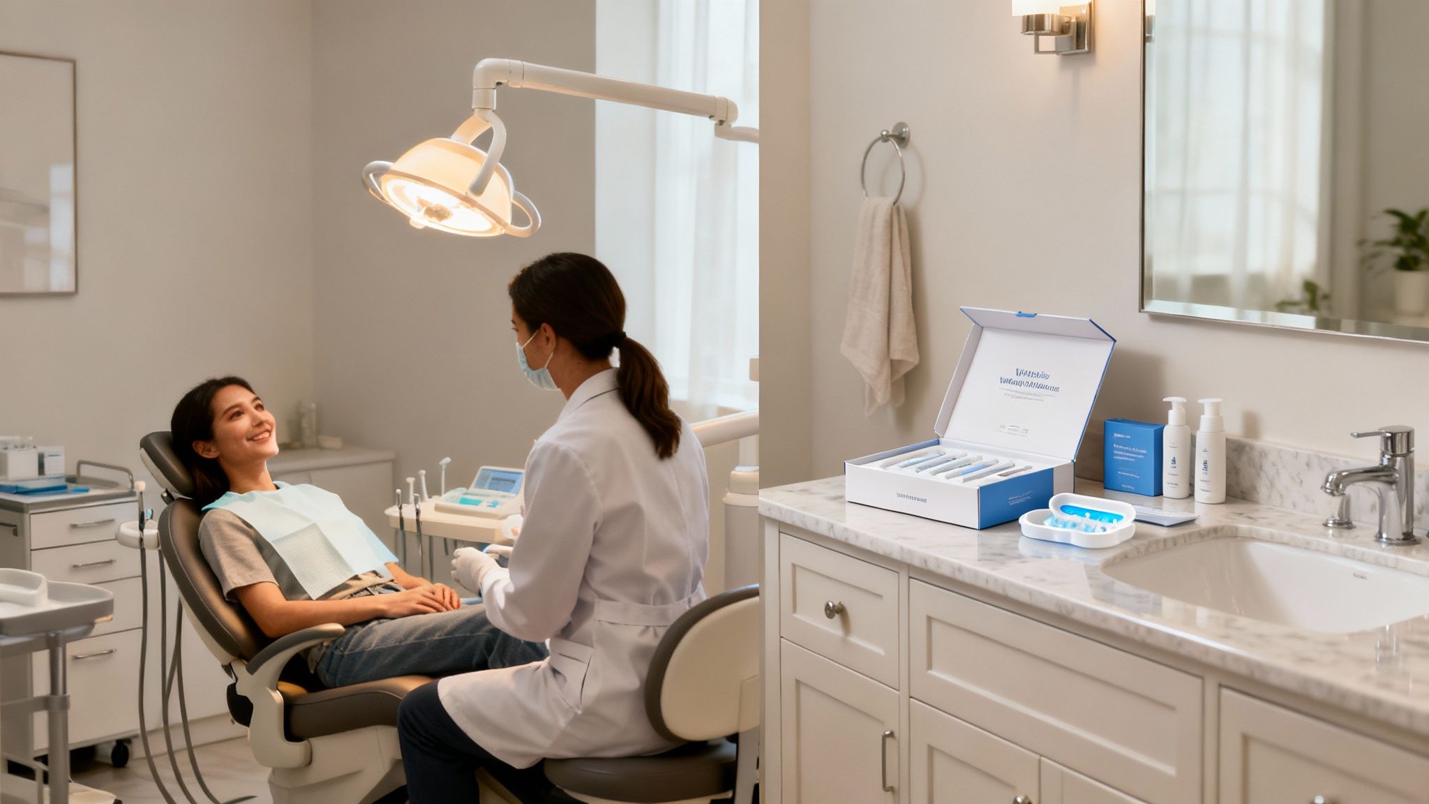 A dentist consults a smiling patient in a modern clinic with teeth whitening products on a counter.