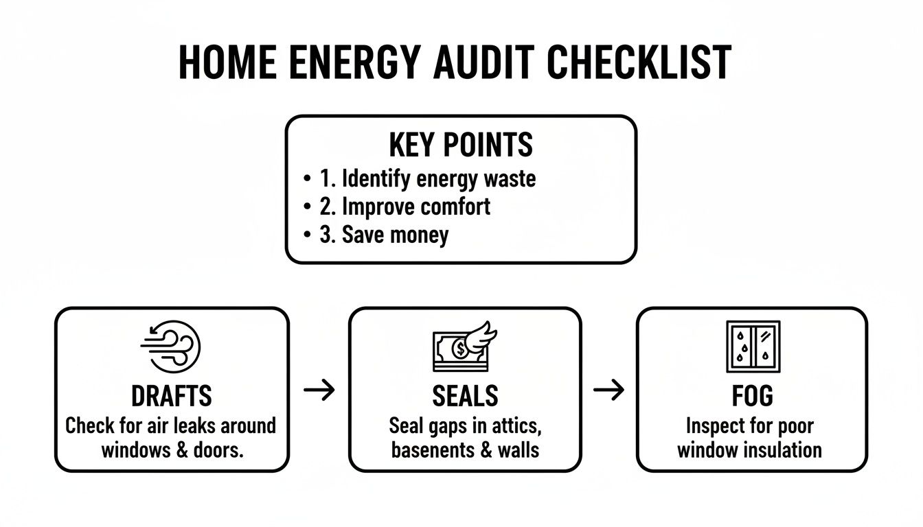 A home energy audit checklist with key points and steps for drafts, seals, and fog to save money.