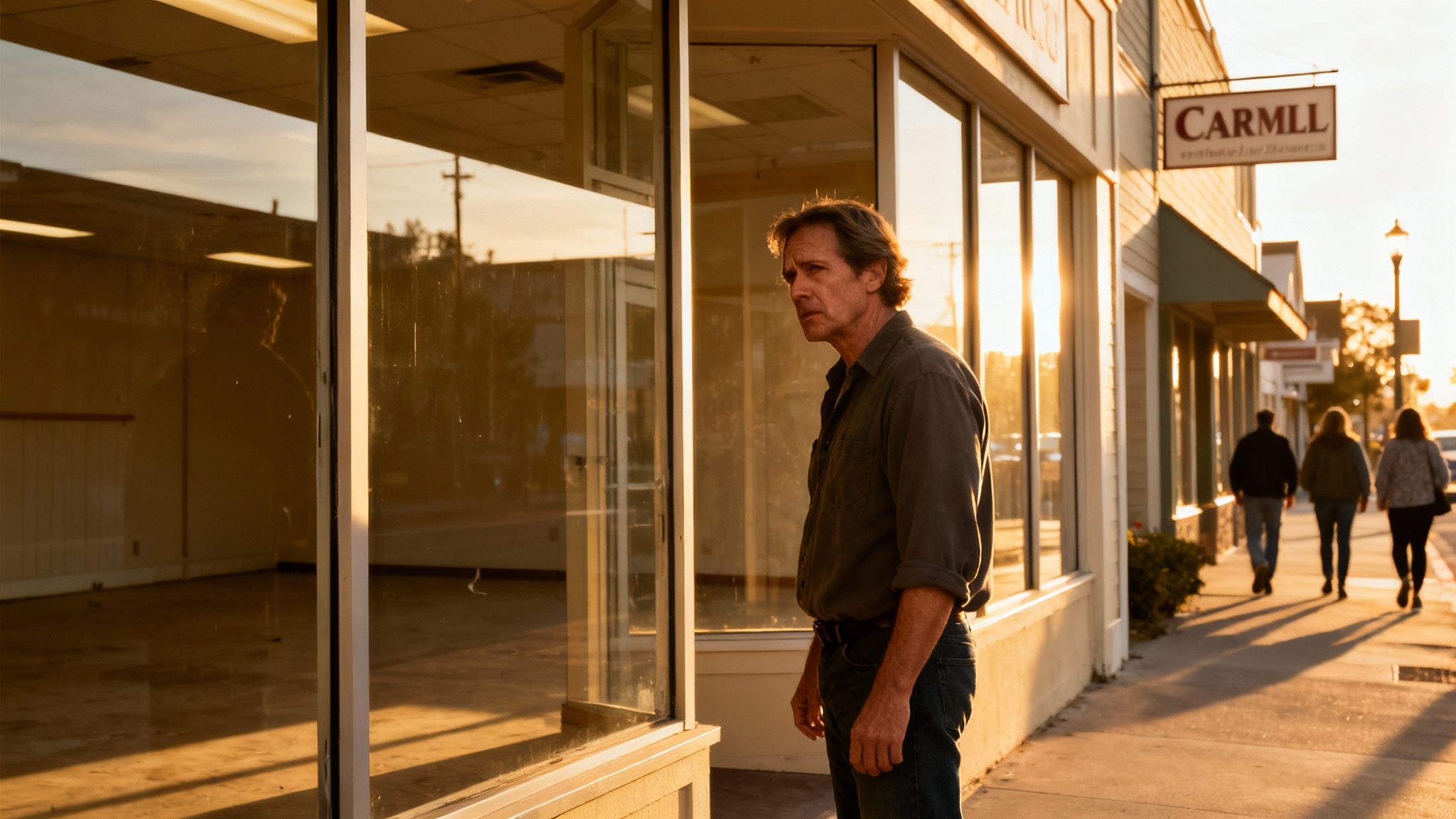 A pensive man stands outside an empty storefront during sunset, with people walking in the background.