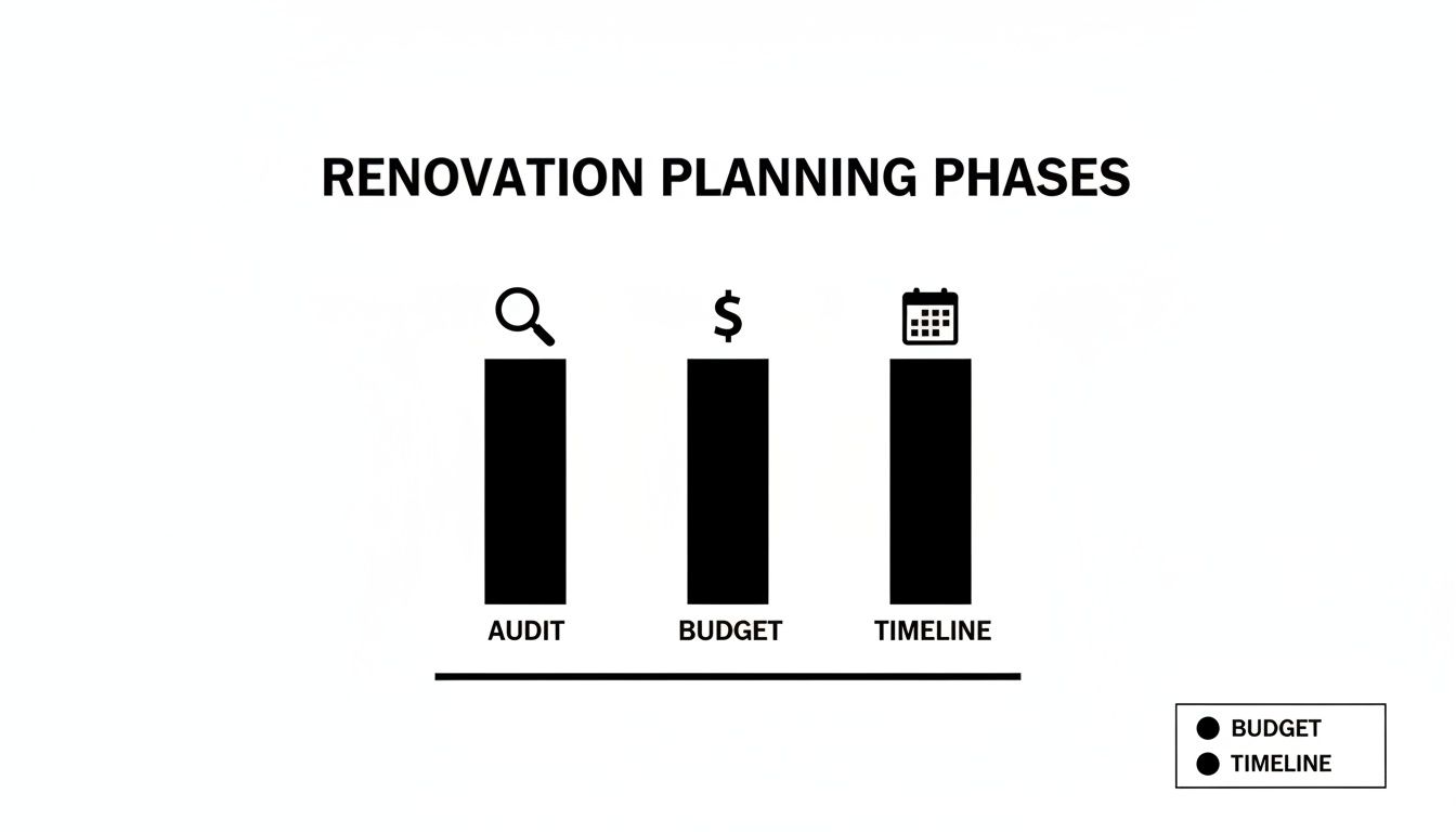 A graphic illustrating renovation planning phases: audit, budget, and timeline steps.