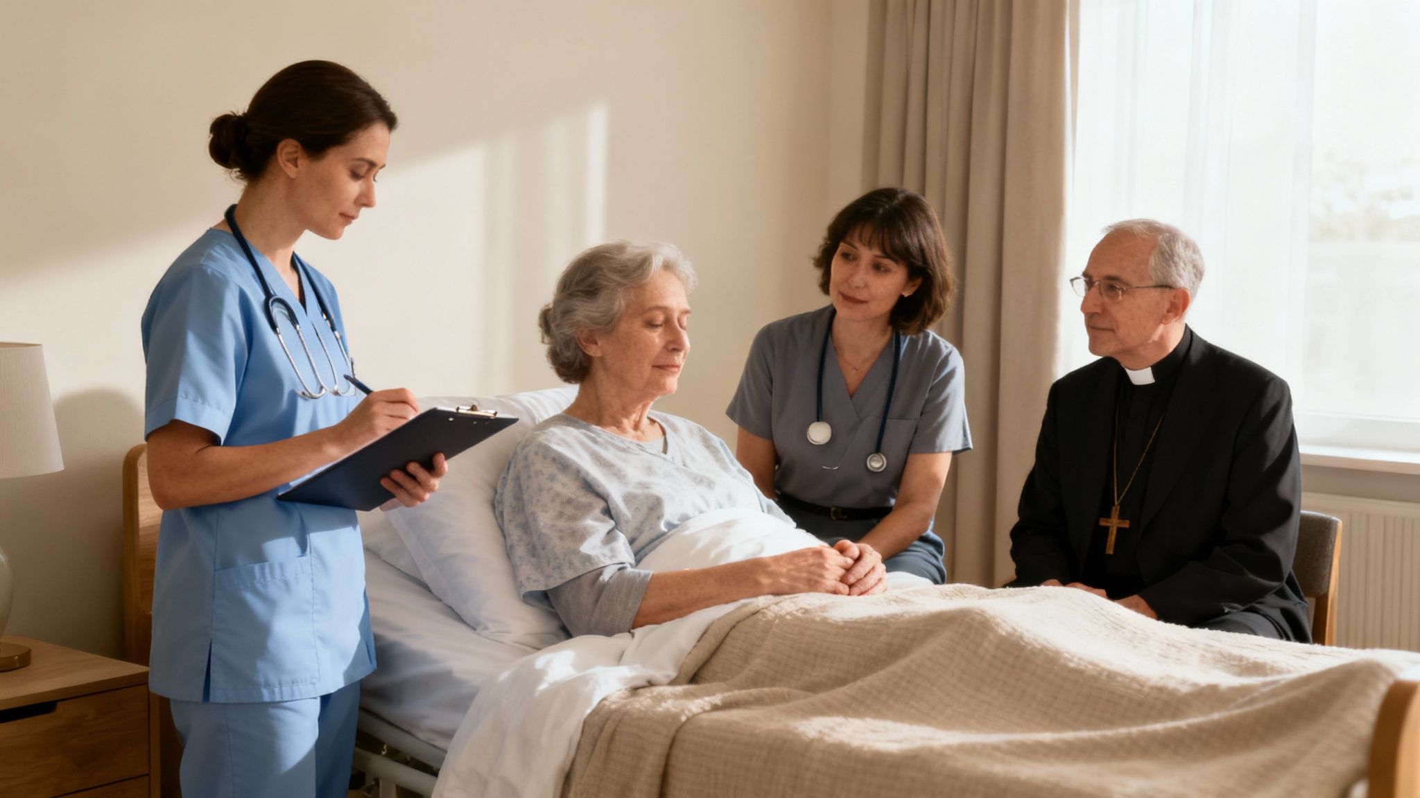 A compassionate healthcare professional holds the hand of an elderly patient.