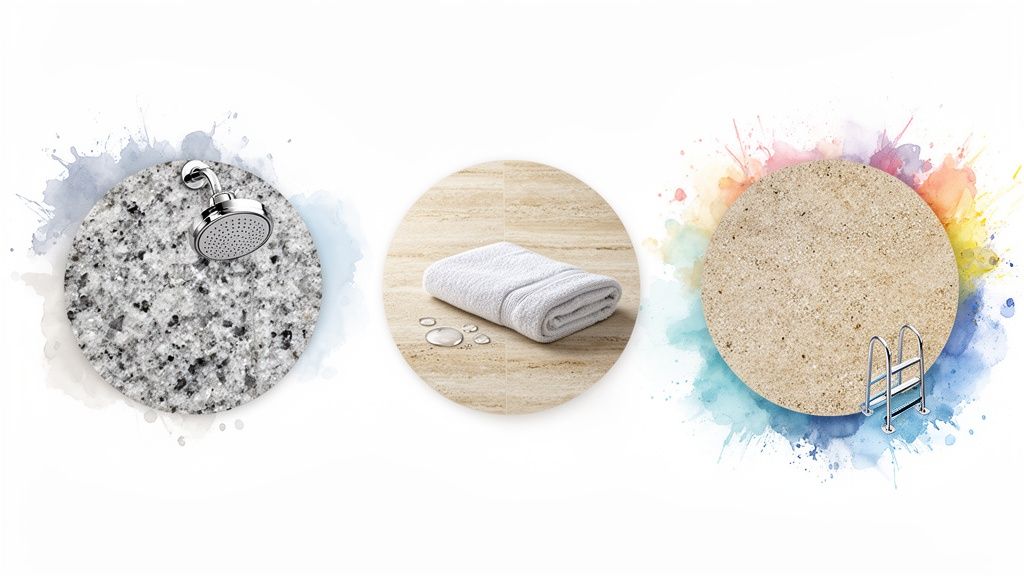 Natural stone textures for wet areas: granite with shower, travertine with towel, and pool deck.