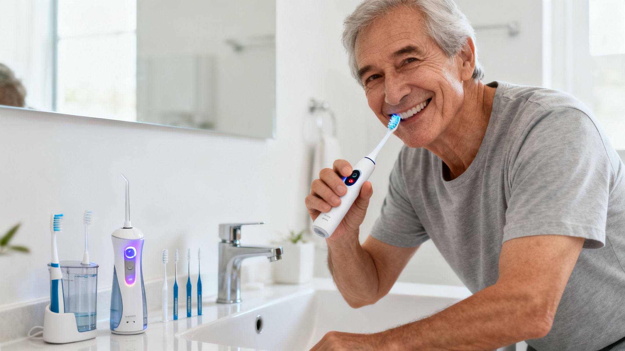 A smiling senior man brushes his teeth with an electric toothbrush in a clean bathroom.