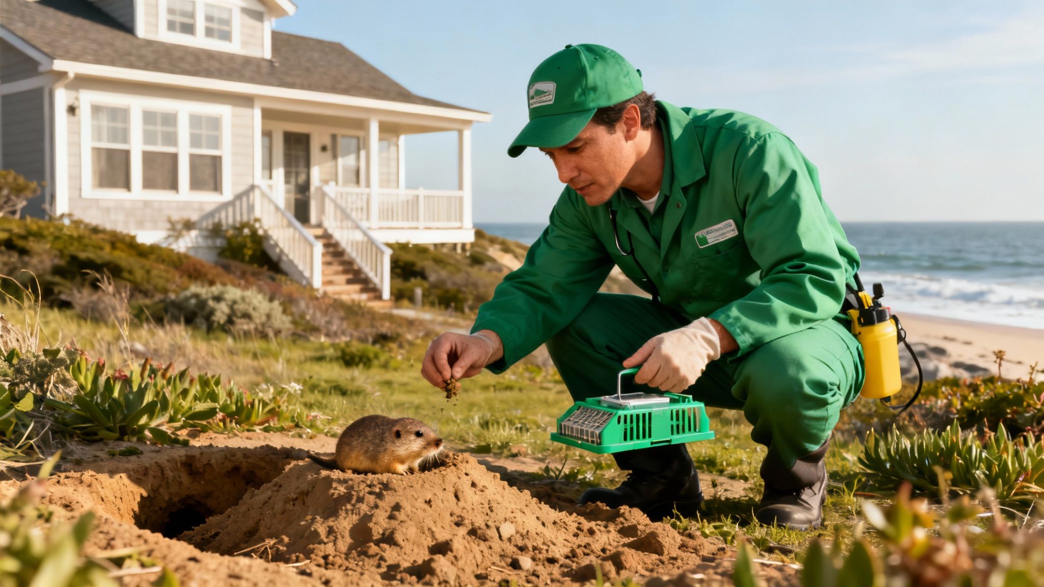 A pest control professional inspecting a garden, symbolizing the decision to seek expert help.