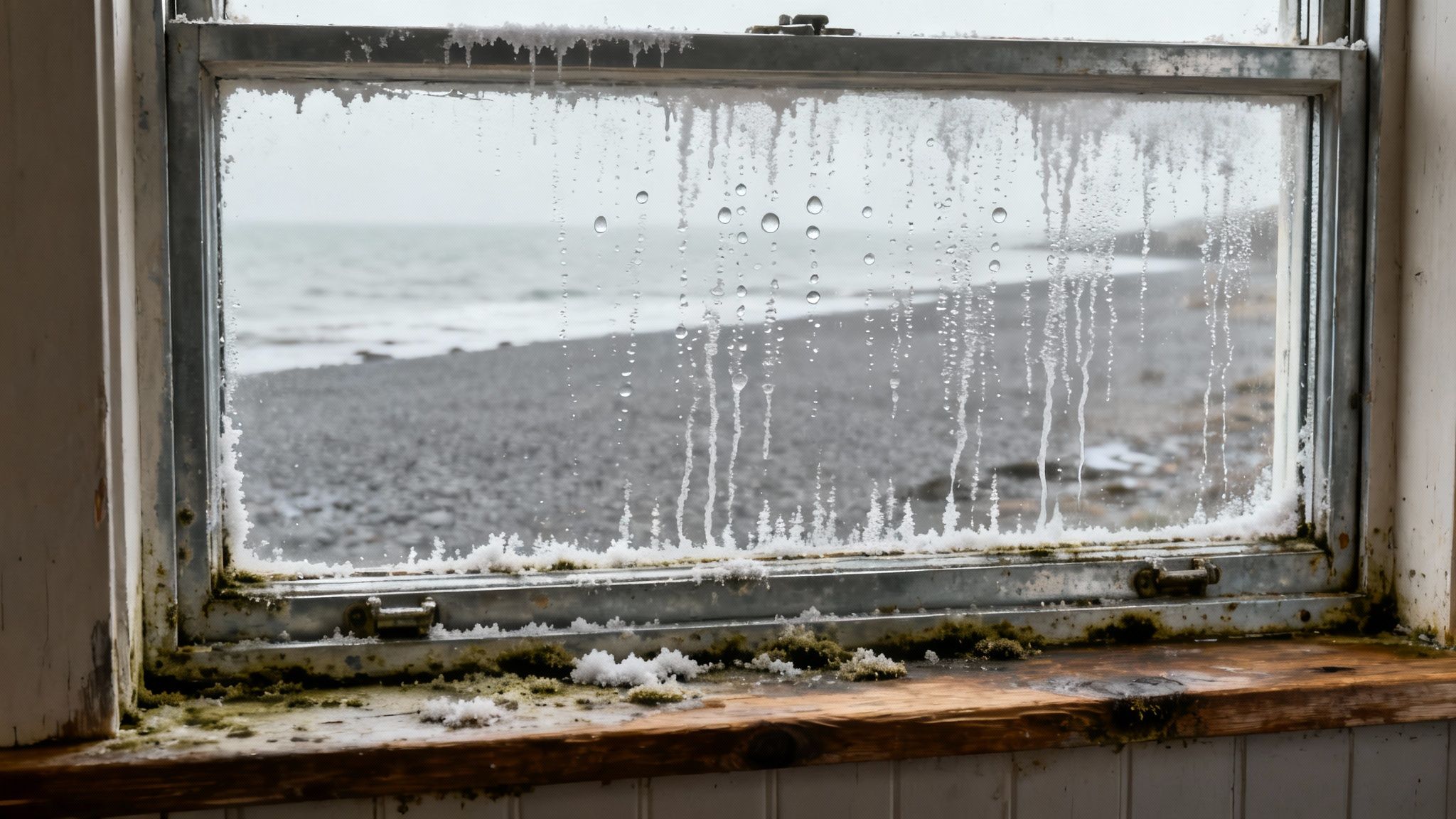 A close-up of a window with condensation and early signs of mold on the wooden sill.