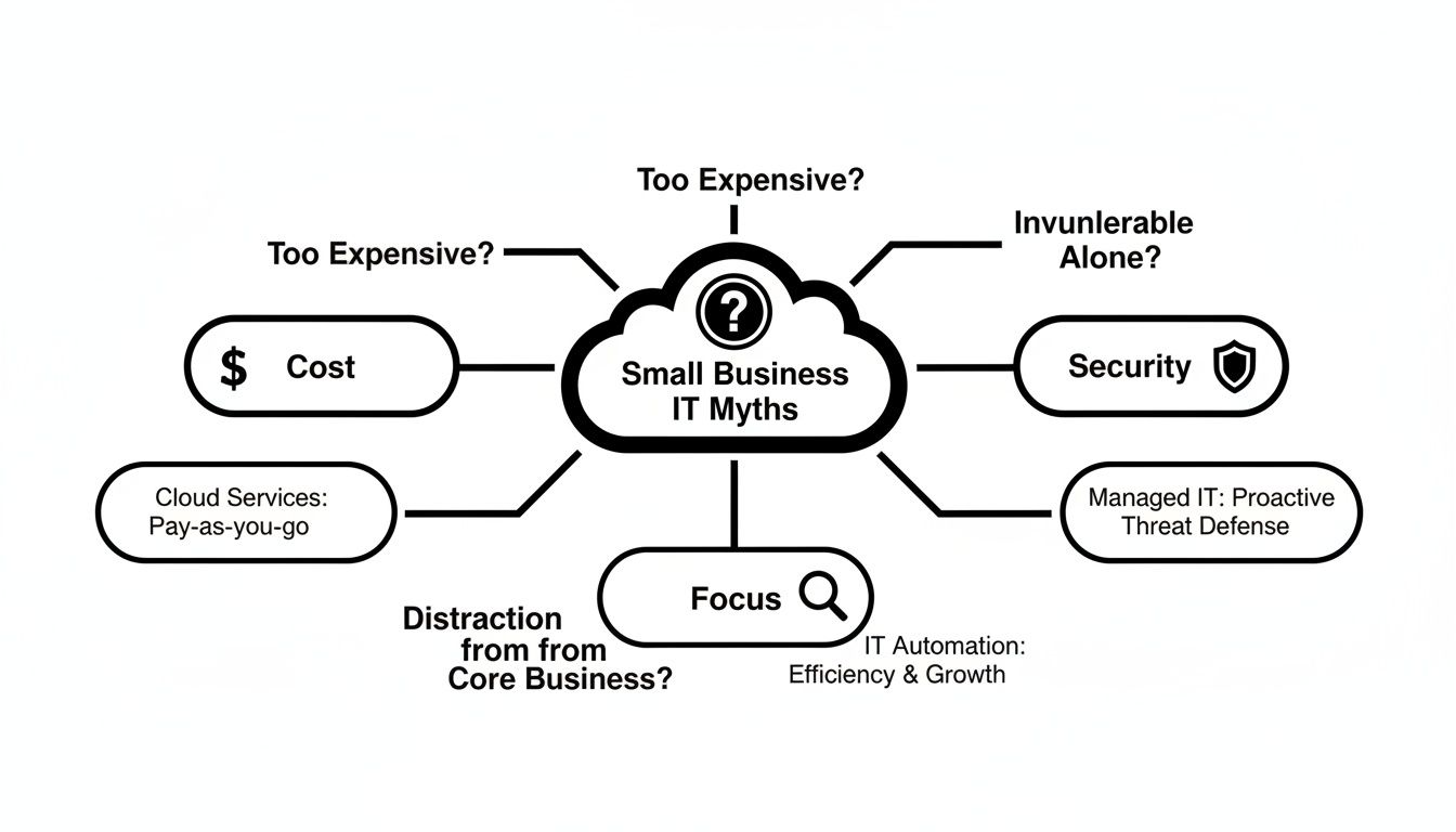Diagram showing small business IT myths regarding cost, security, and focus, with solutions.