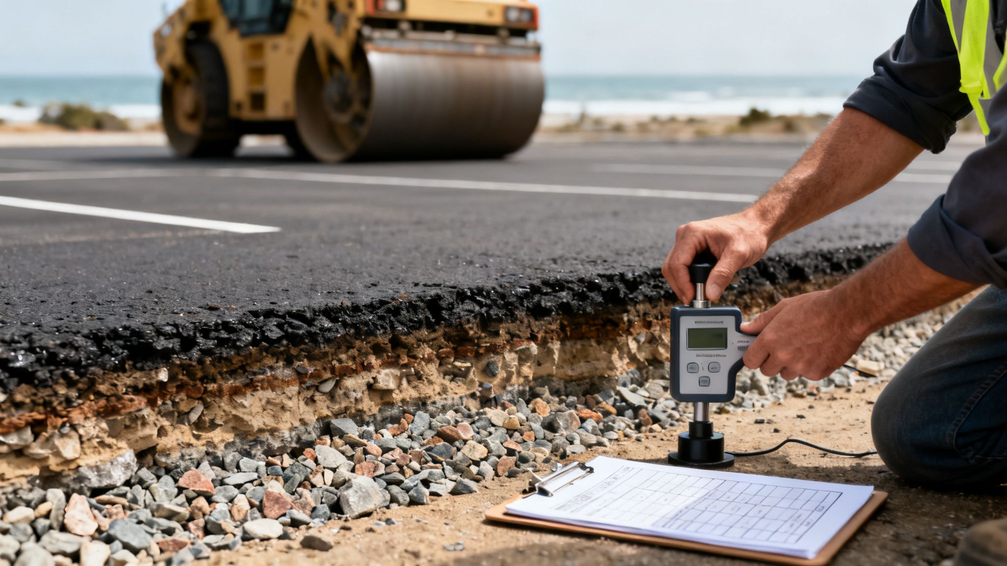 Construction worker performs quality control on new asphalt road layers with a testing device.
