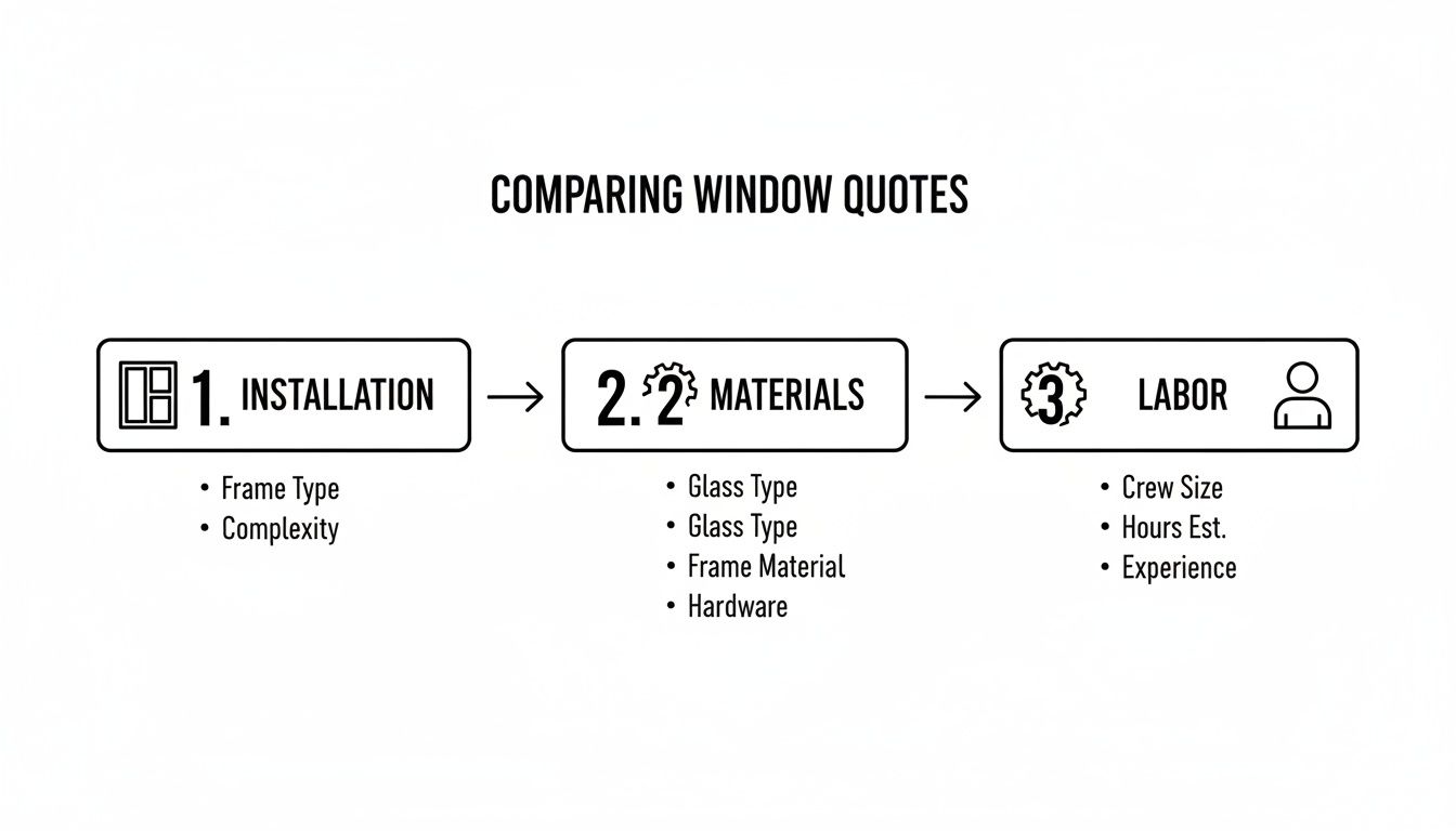 Diagram showing how to compare window quotes, detailing factors for installation, materials, and labor.