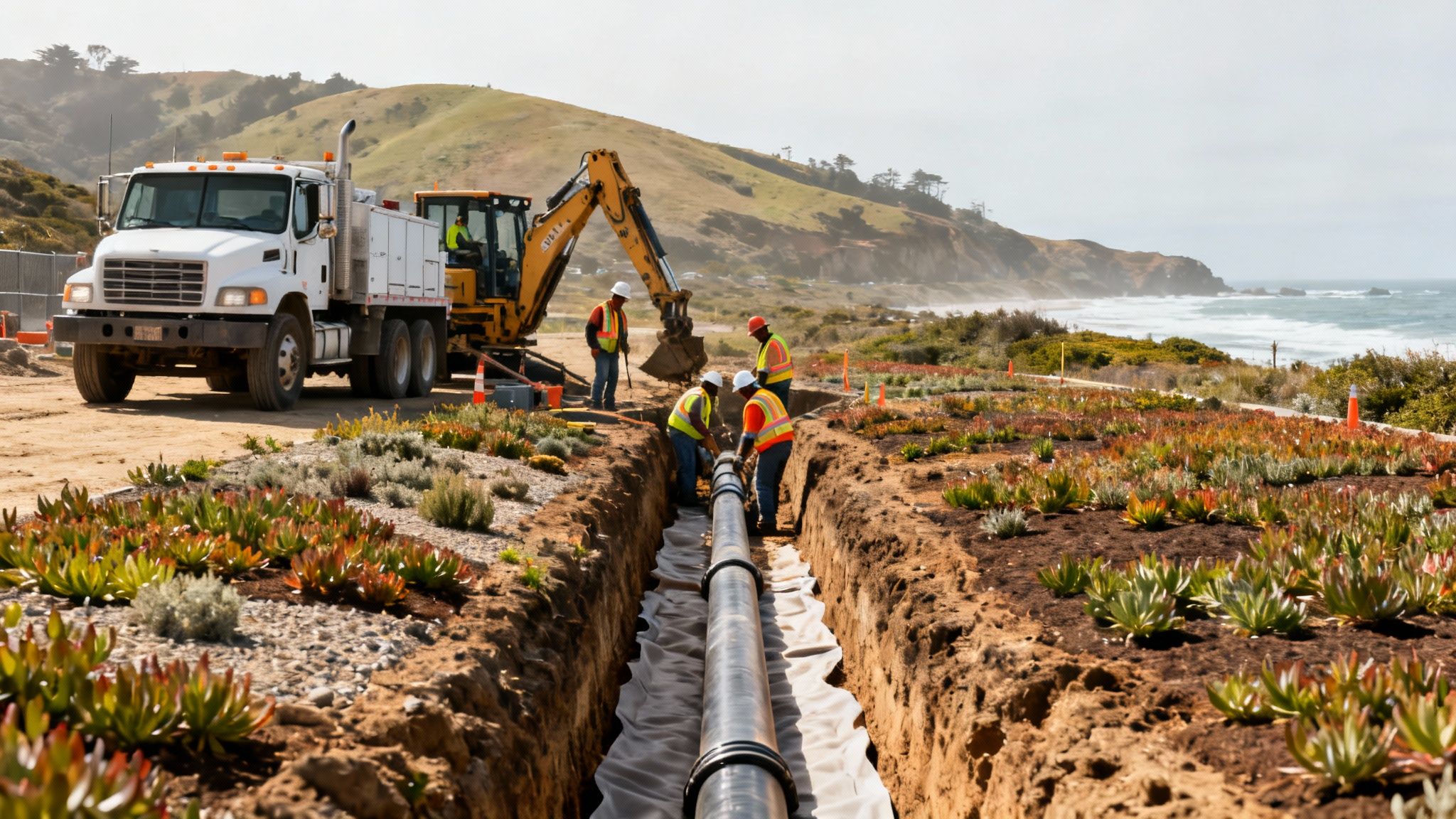 Why California Is Burying More Utility Lines A Wildfire Prevention Trend 3 Construction workers installing a large utility pipe in a trench near the scenic California coast.
