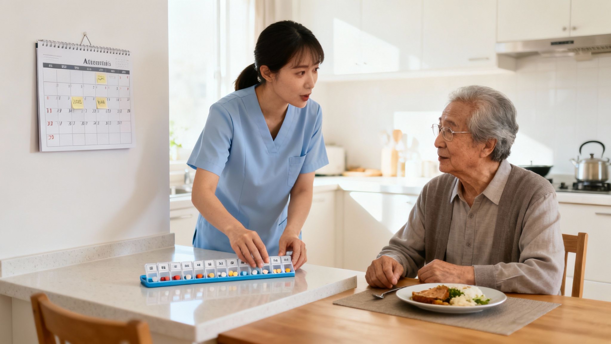 A caring nurse assists an elderly man with his medication during a meal in a bright kitchen.