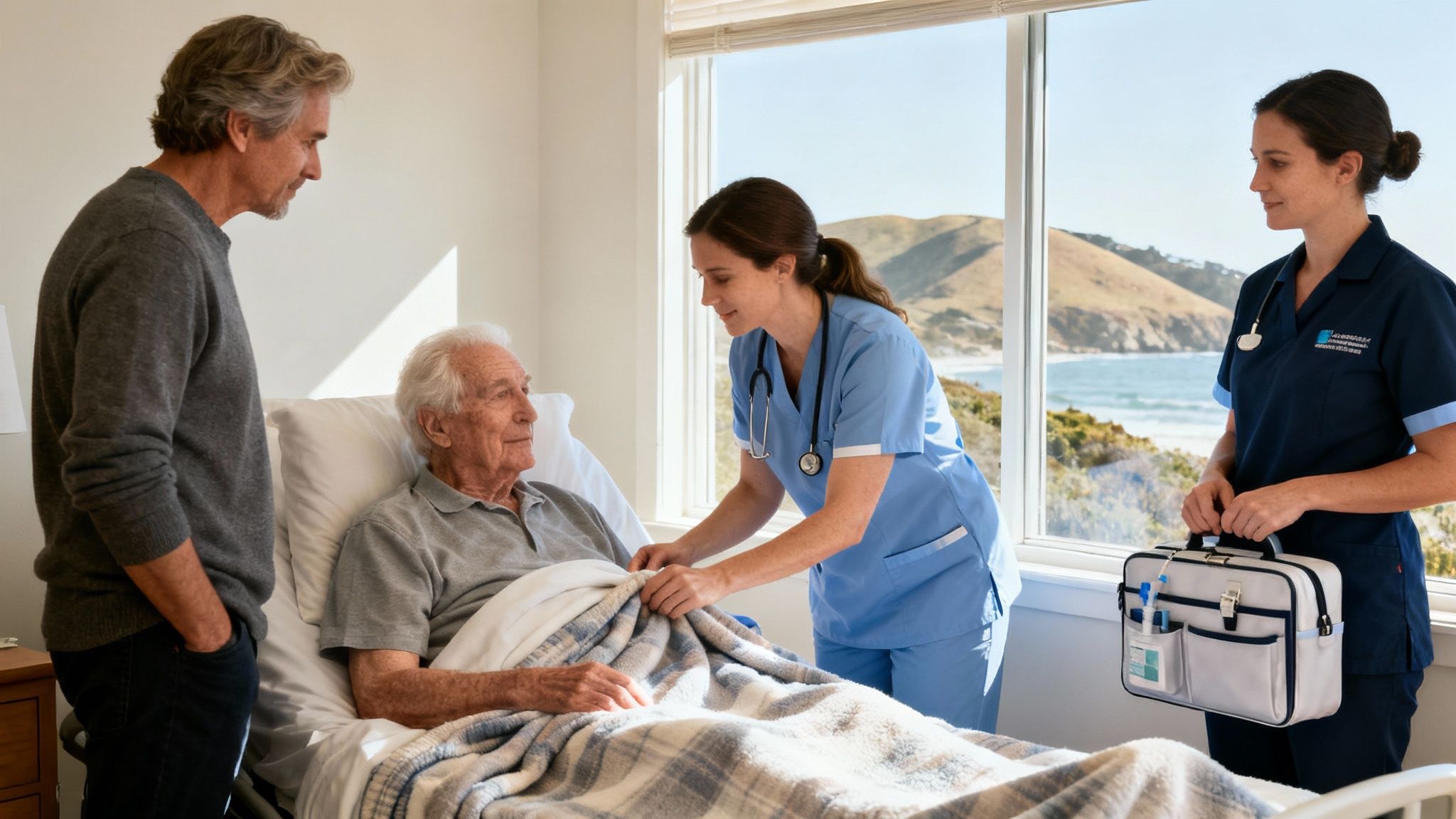 Two nurses attend to an elderly man in bed, while another man stands by.