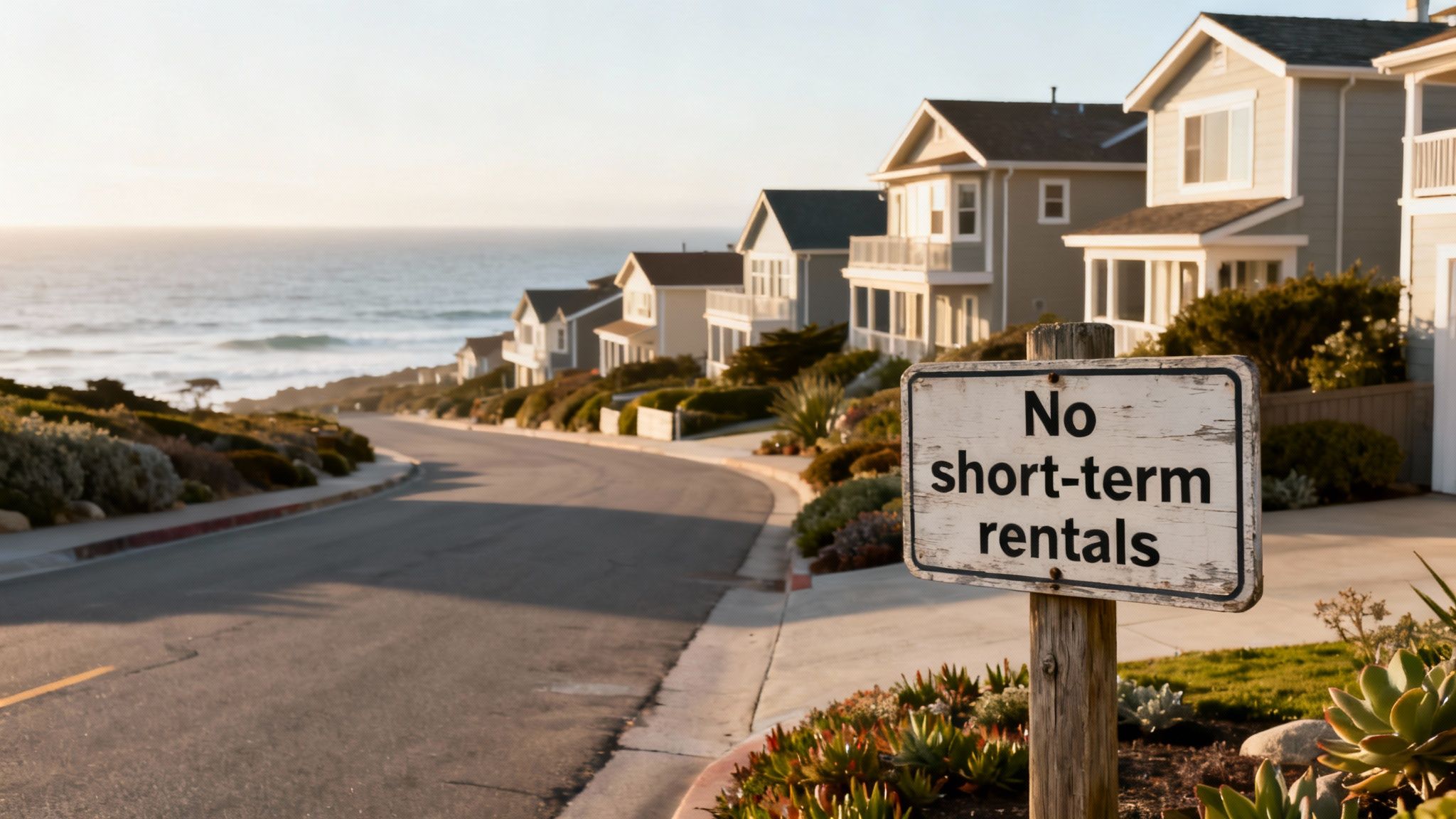 A "No short-term rentals" sign in a coastal neighborhood with houses overlooking the ocean.