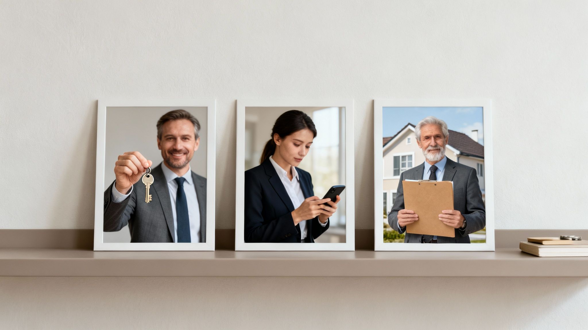 Three framed portraits on a shelf featuring real estate professionals: a man with keys, a woman on phone, and a man with a clipboard.