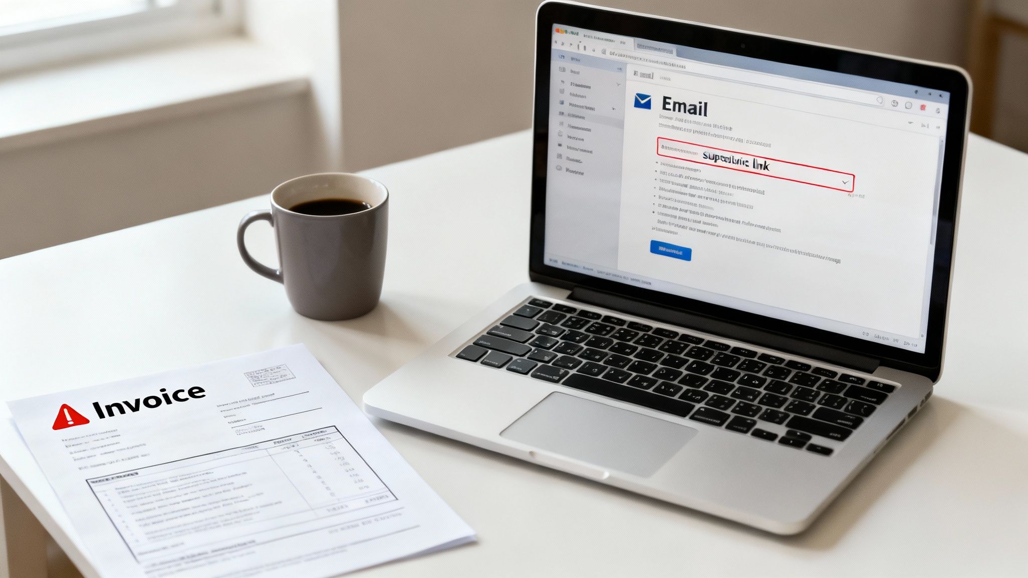 Desk with a laptop showing a suspicious email, a warning invoice, and a coffee cup.