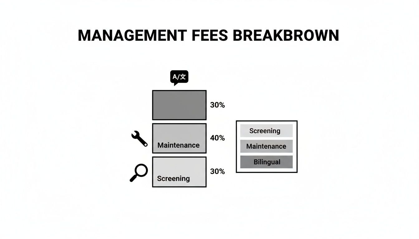Management fees breakdown chart illustrating percentages for bilingual services, maintenance, and screening.